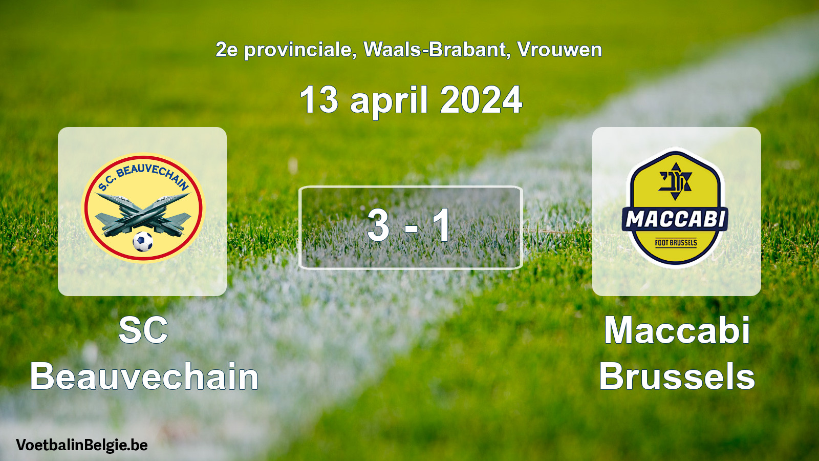 Gespeelde wedstrijd vrouwenvoetbal: SC Beauvechain - Maccabi Brussels 3 - 1 (13 april 2024)