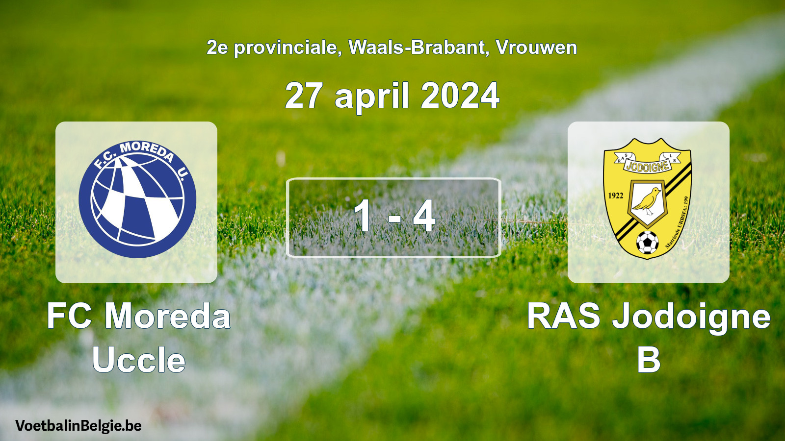 Gespeelde wedstrijd vrouwenvoetbal: FC Moreda Uccle - RAS Jodoigne B 1 - 4 (27 april 2024)