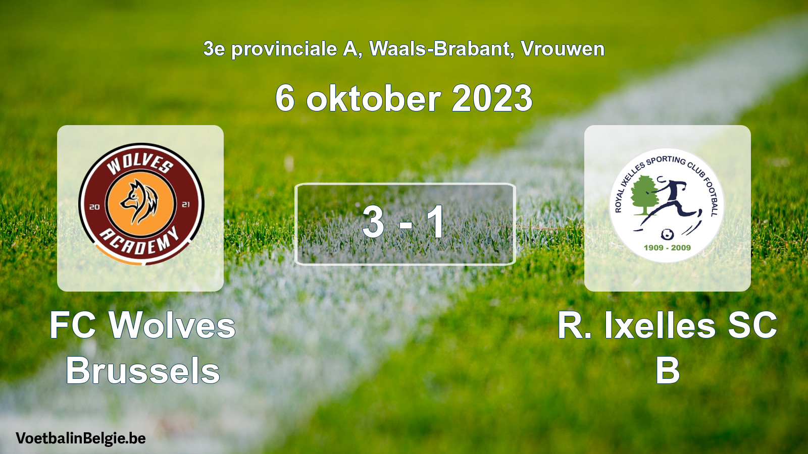 Gespeelde wedstrijd vrouwenvoetbal: FC Wolves Brussels - R. Ixelles SC B 3 - 1 (6 oktober 2023)