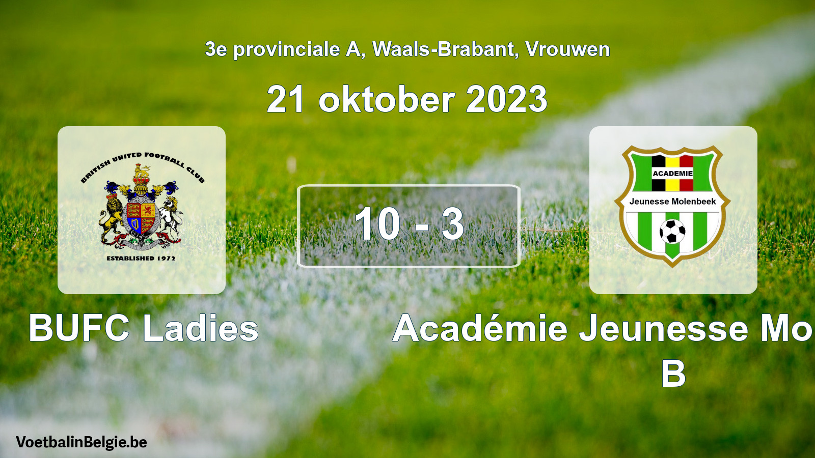Gespeelde wedstrijd vrouwenvoetbal: BUFC Ladies - Académie Jeunesse Molenbeek B 10 - 3 (21 oktober 2023)