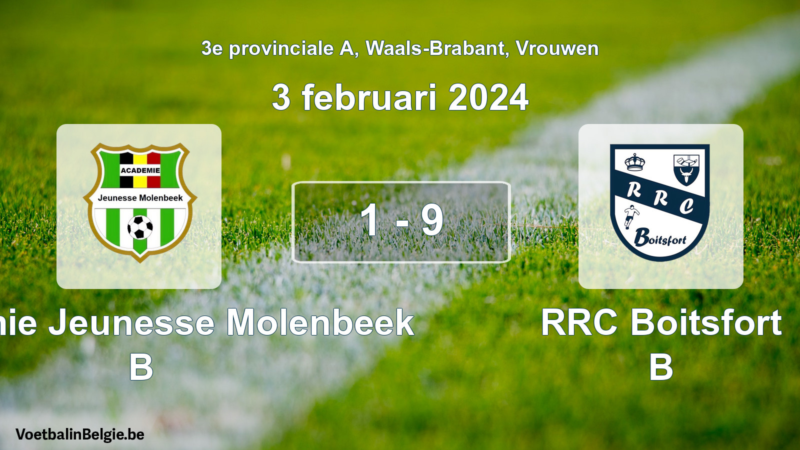 Gespeelde wedstrijd vrouwenvoetbal: Académie Jeunesse Molenbeek B - RRC Boitsfort B 1 - 9 (3 februari 2024)