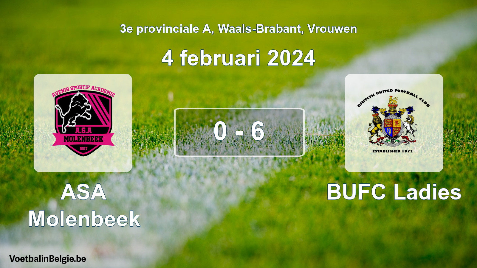Gespeelde wedstrijd vrouwenvoetbal: ASA Molenbeek - BUFC Ladies 0 - 6 (4 februari 2024)
