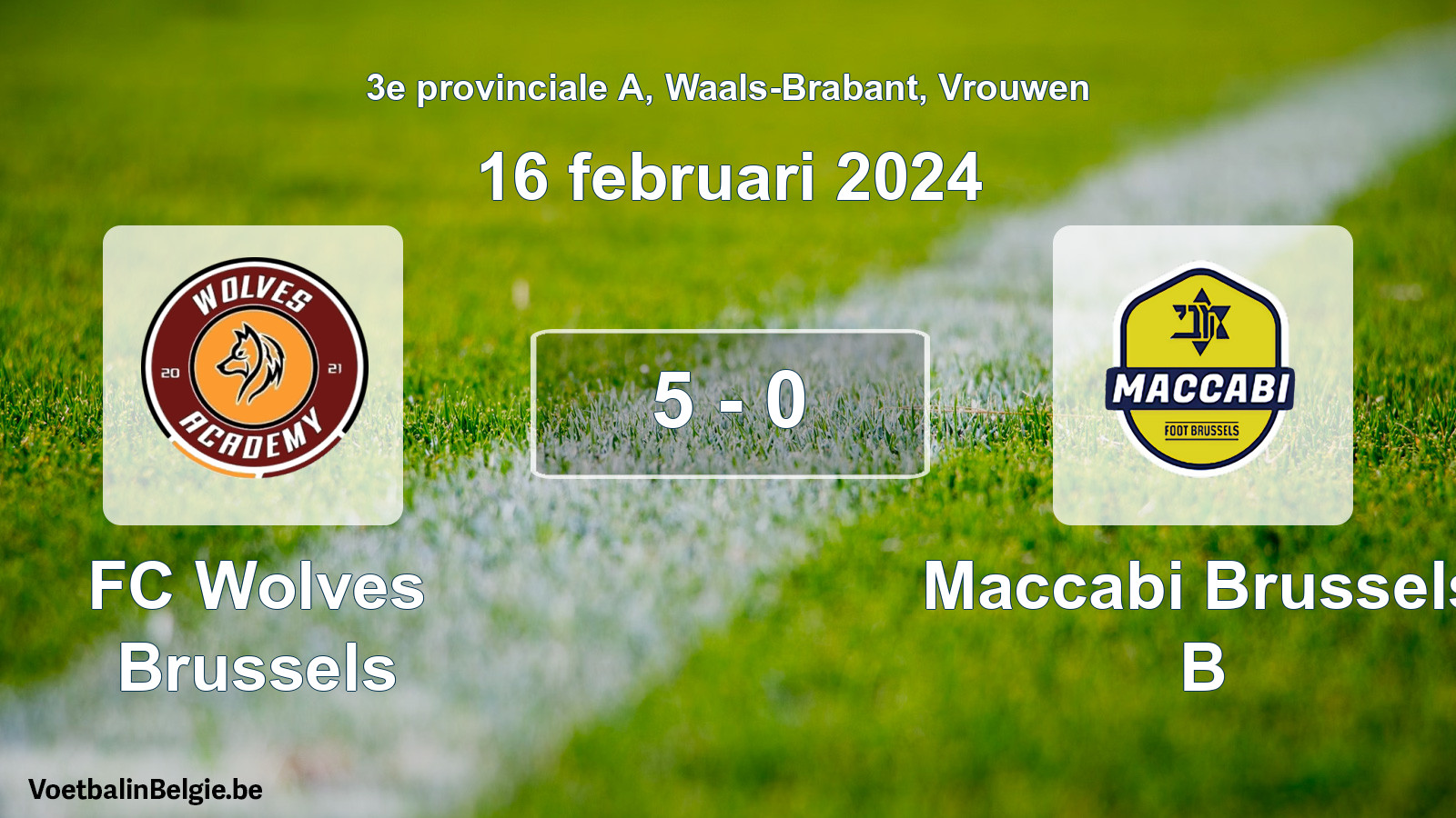 Gespeelde wedstrijd vrouwenvoetbal: FC Wolves Brussels - Maccabi Brussels B 5 - 0 (16 februari 2024)