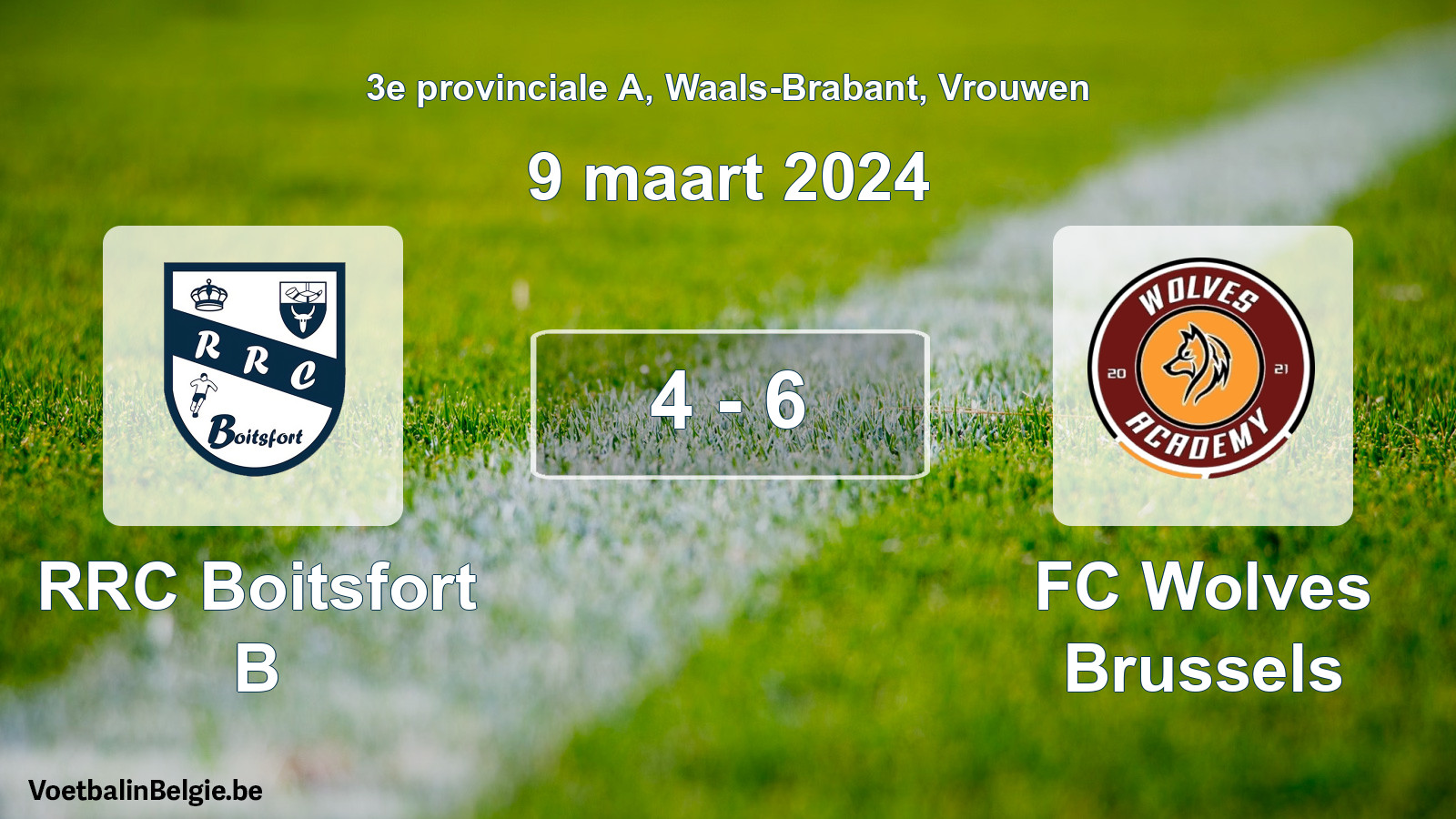 Gespeelde wedstrijd vrouwenvoetbal: RRC Boitsfort B - FC Wolves Brussels 4 - 6 (9 maart 2024)