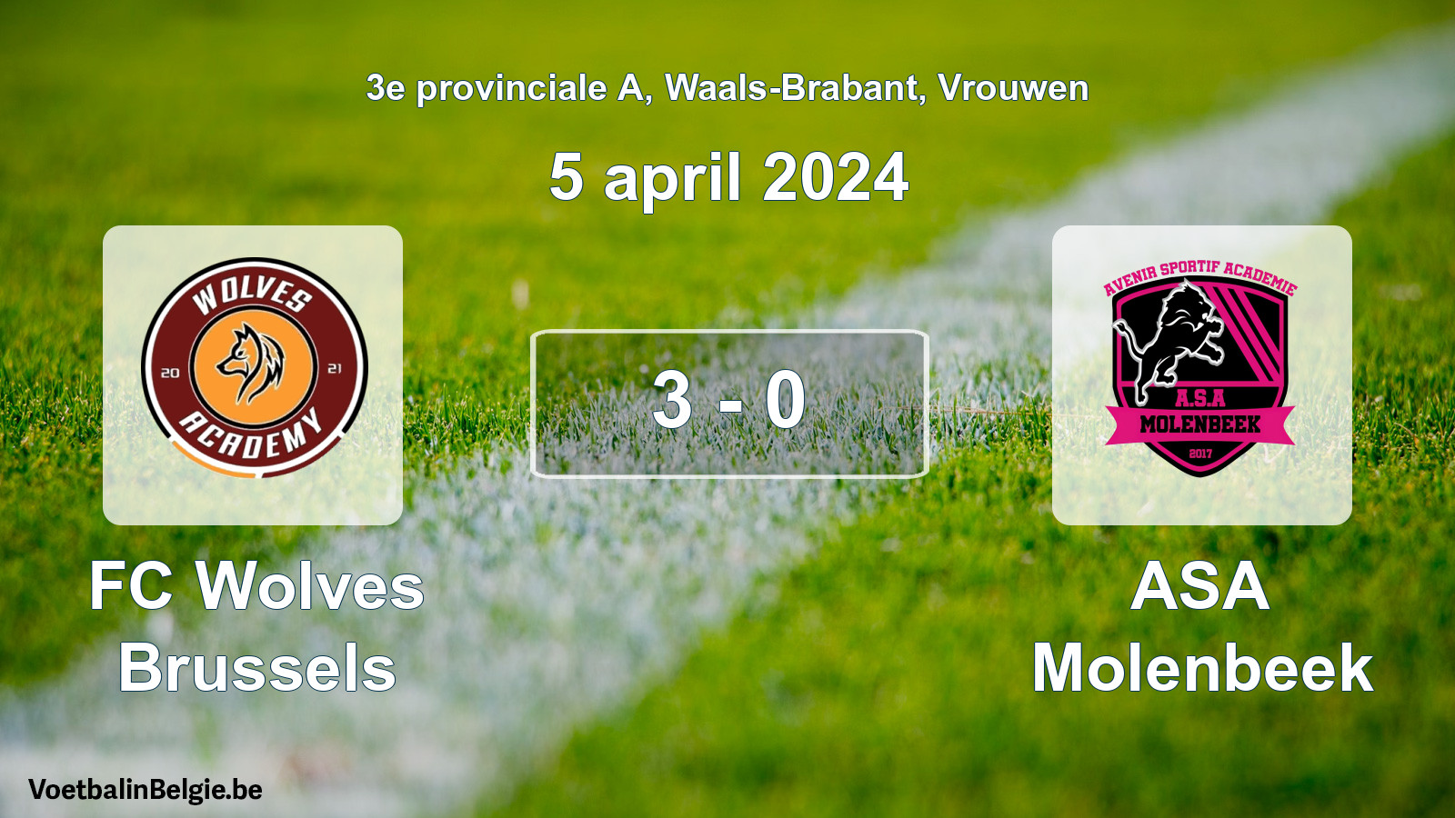 Gespeelde wedstrijd vrouwenvoetbal: FC Wolves Brussels - ASA Molenbeek 3 - 0 (5 april 2024)