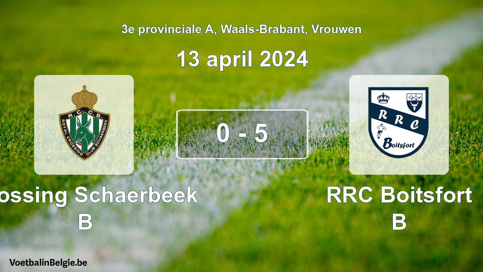 Gespeelde wedstrijd vrouwenvoetbal: Crossing Schaerbeek B - RRC Boitsfort B 0 - 5 (13 april 2024)