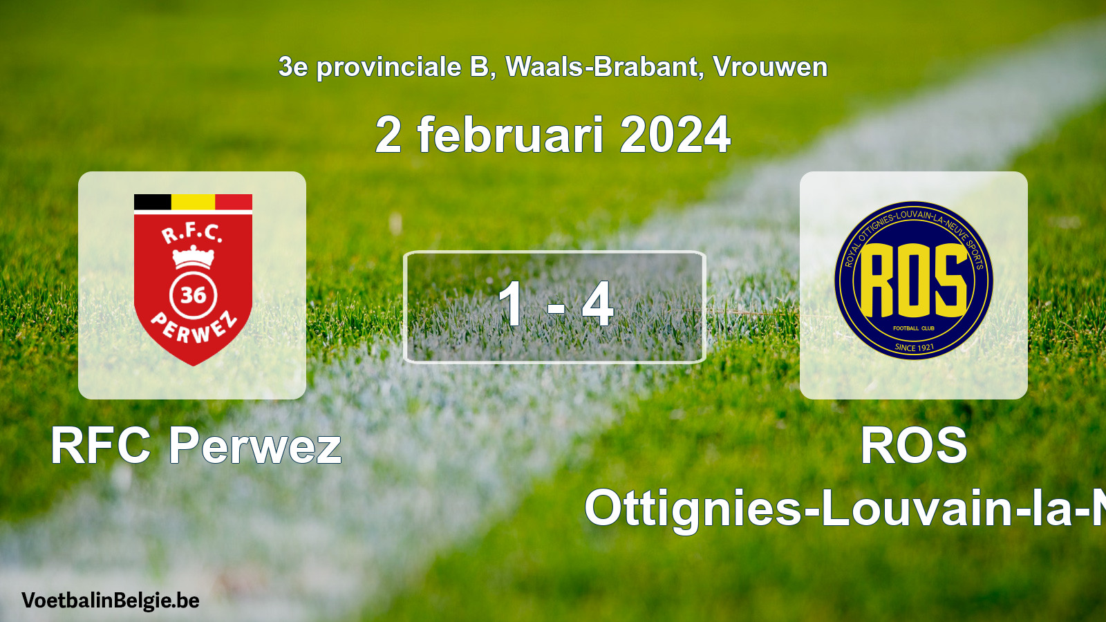 Gespeelde wedstrijd vrouwenvoetbal: RFC Perwez - ROS Ottignies-Louvain-la-Neuve 1 - 4 (2 februari 2024)