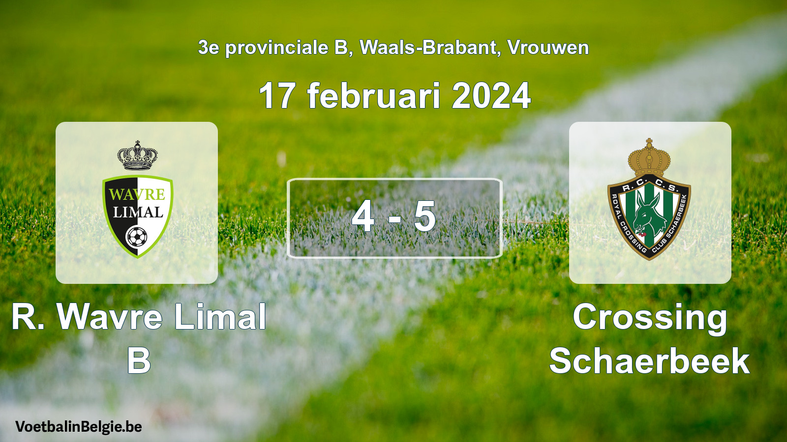 Gespeelde wedstrijd vrouwenvoetbal: R. Wavre Limal B - Crossing Schaerbeek 4 - 5 (17 februari 2024)