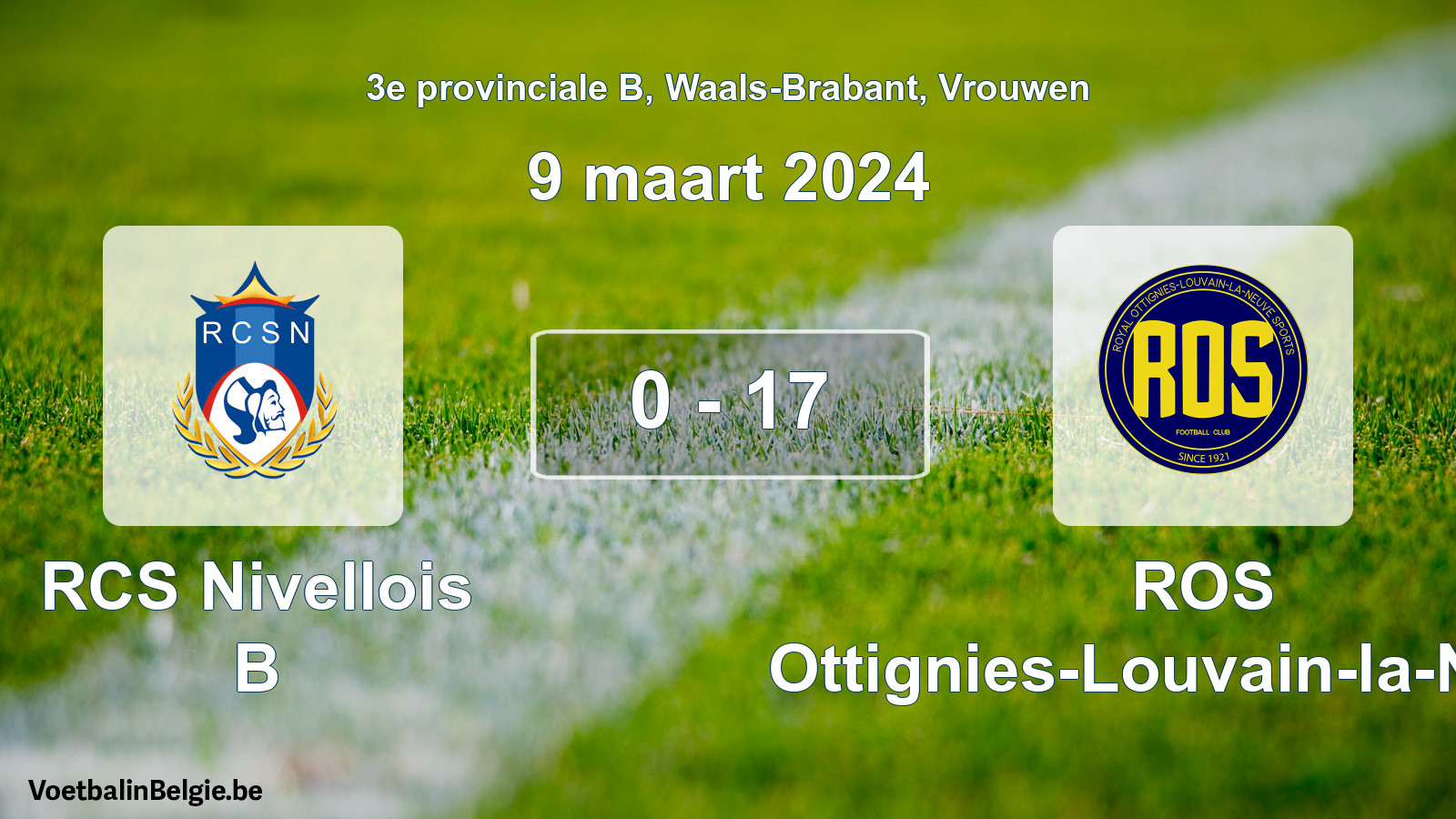 Gespeelde wedstrijd vrouwenvoetbal: RCS Nivellois B - ROS Ottignies-Louvain-la-Neuve 0 - 17 (9 maart 2024)