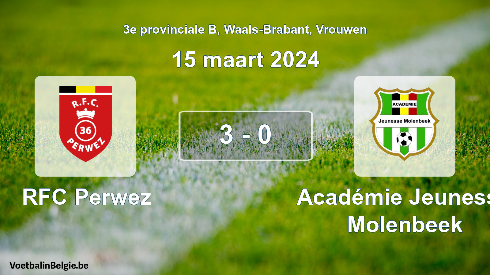 Gespeelde wedstrijd vrouwenvoetbal: RFC Perwez - Académie Jeunesse Molenbeek 3 - 0 (15 maart 2024)