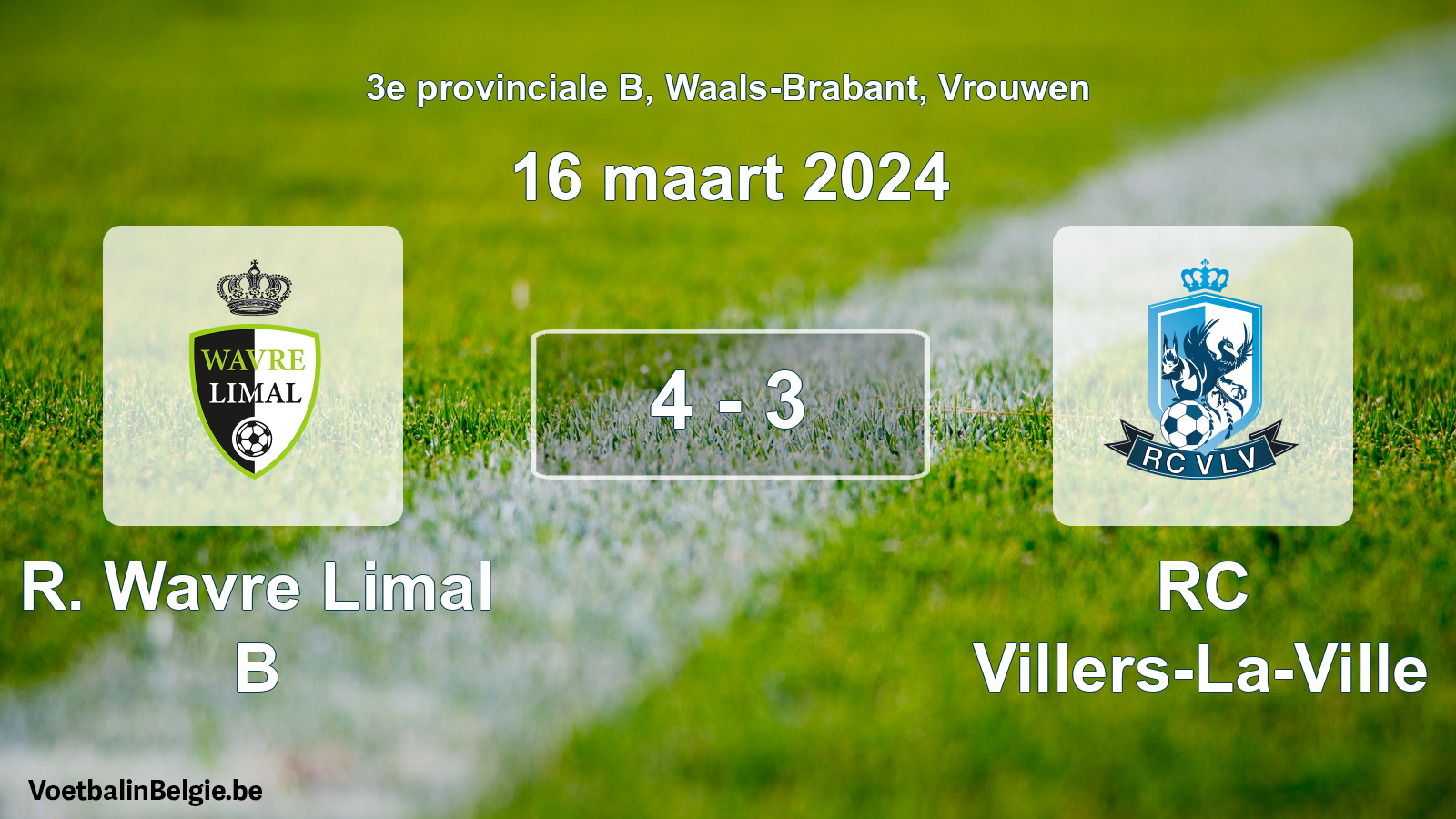 Gespeelde wedstrijd vrouwenvoetbal: R. Wavre Limal B - RC Villers-La-Ville 4 - 3 (16 maart 2024)