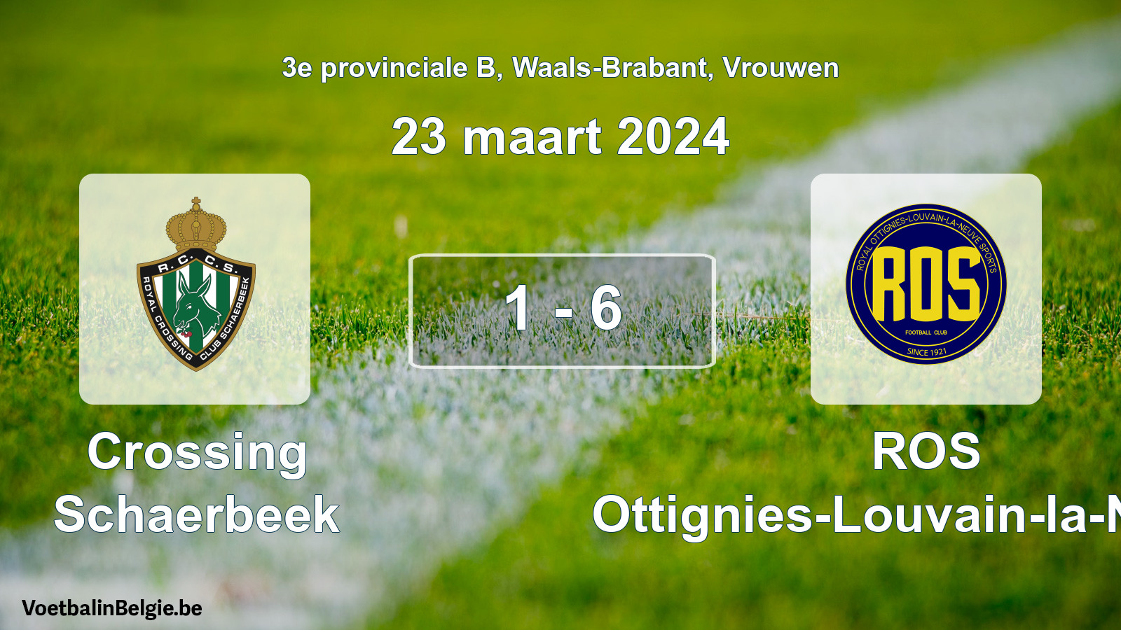 Gespeelde wedstrijd vrouwenvoetbal: Crossing Schaerbeek - ROS Ottignies-Louvain-la-Neuve 1 - 6 (23 maart 2024)