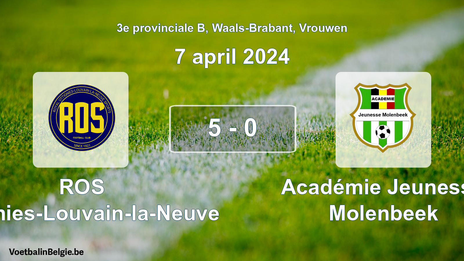 Gespeelde wedstrijd vrouwenvoetbal: ROS Ottignies-Louvain-la-Neuve - Académie Jeunesse Molenbeek 5 - 0 (7 april 2024)
