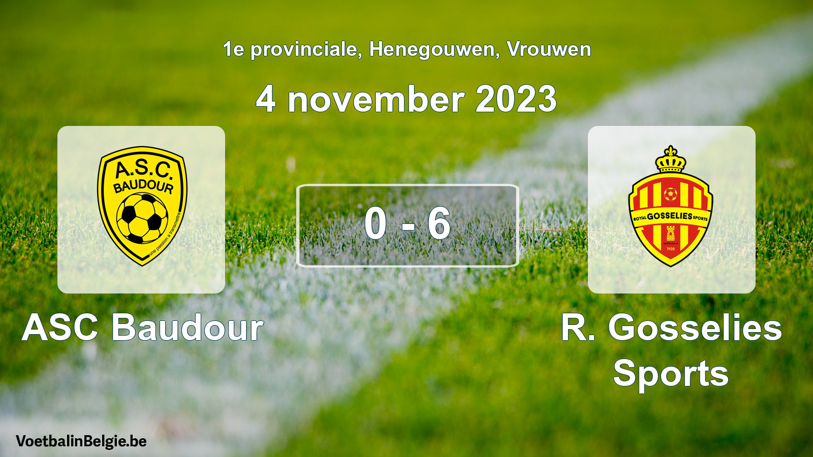 Gespeelde wedstrijd vrouwenvoetbal: ASC Baudour - R. Gosselies Sports 0 - 6 (4 november 2023)