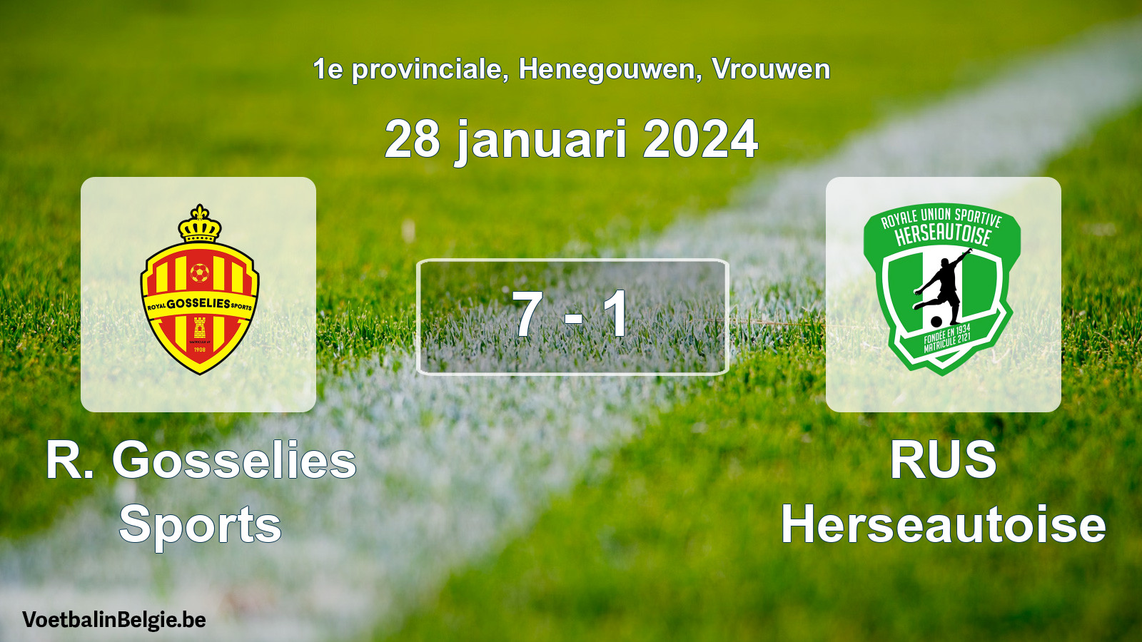 Gespeelde wedstrijd vrouwenvoetbal: R. Gosselies Sports - RUS Herseautoise 7 - 1 (28 januari 2024)