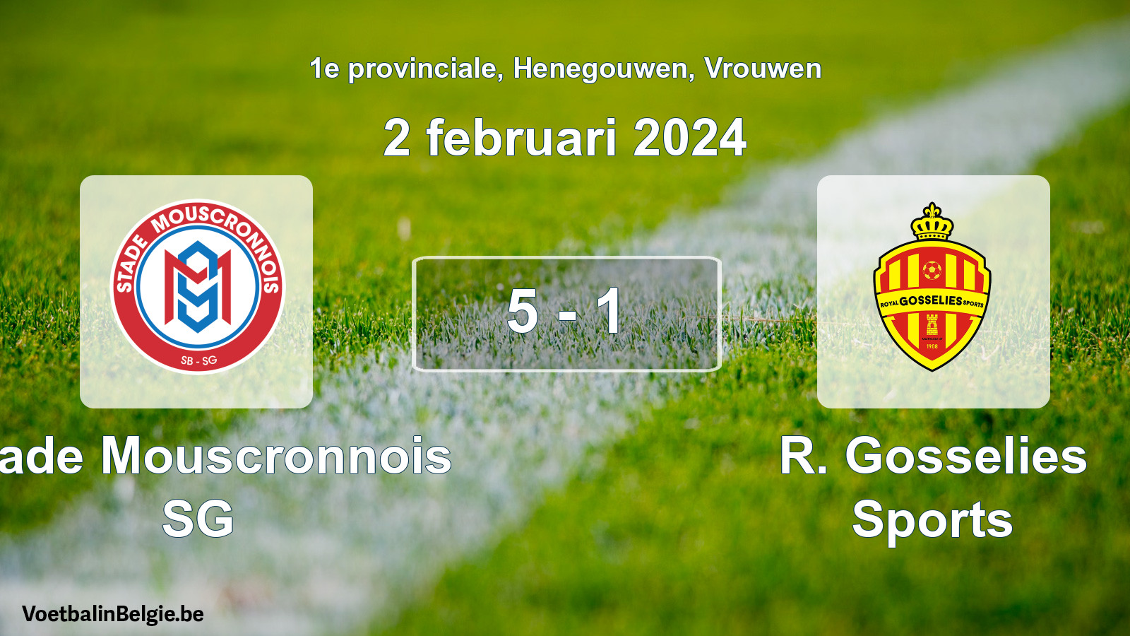 Gespeelde wedstrijd vrouwenvoetbal: Stade Mouscronnois SG - R. Gosselies Sports 5 - 1 (2 februari 2024)