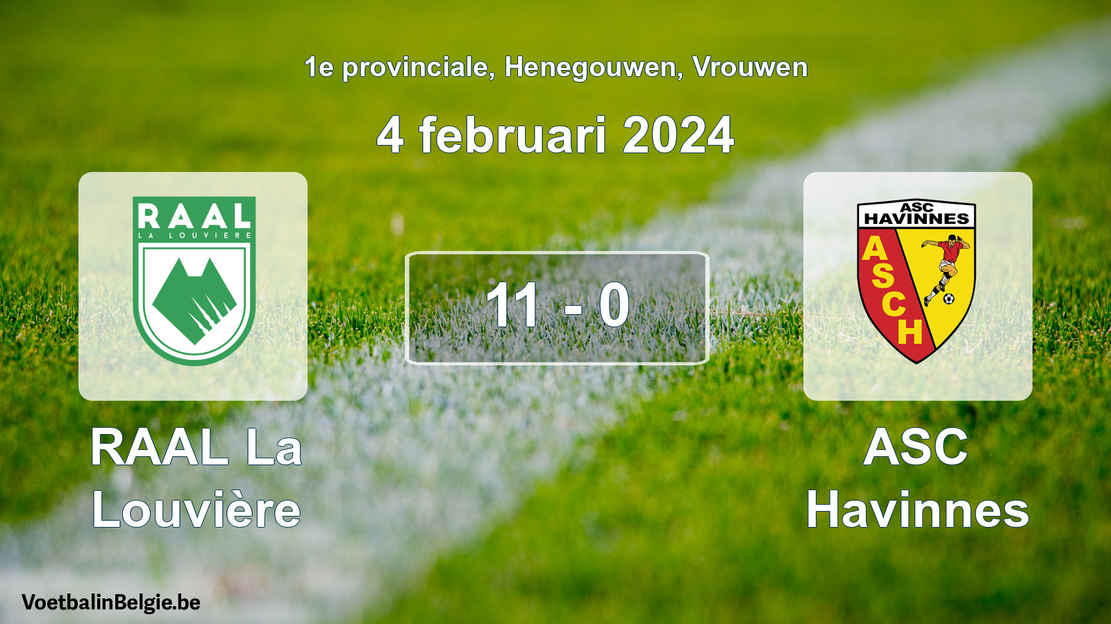 Gespeelde wedstrijd vrouwenvoetbal: RAAL La Louvière - ASC Havinnes 11 - 0 (4 februari 2024)
