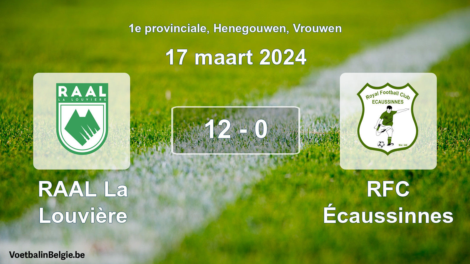 Gespeelde wedstrijd vrouwenvoetbal: RAAL La Louvière - RFC Écaussinnes 12 - 0 (17 maart 2024)