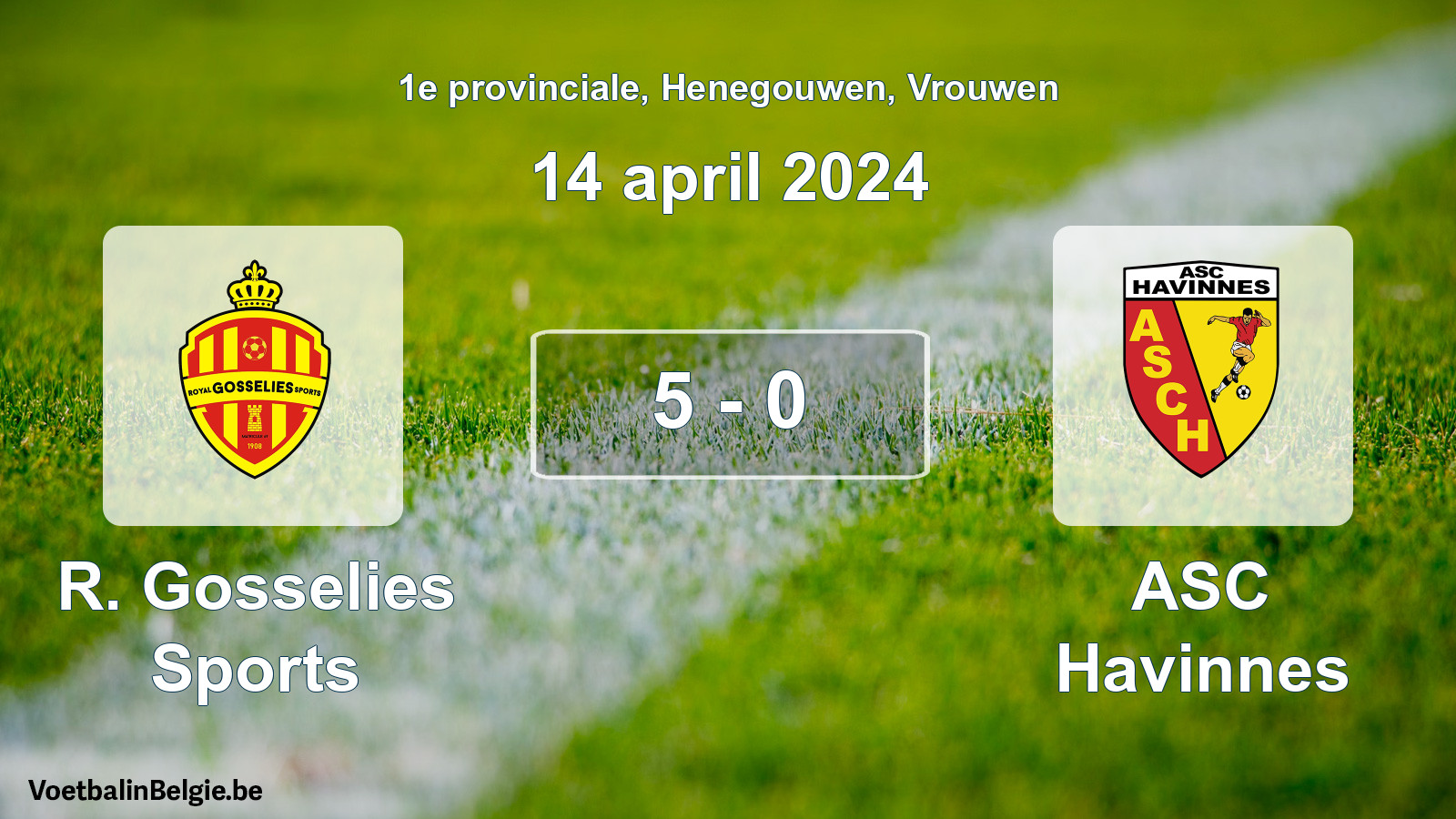 Gespeelde wedstrijd vrouwenvoetbal: R. Gosselies Sports - ASC Havinnes 5 - 0 (14 april 2024)