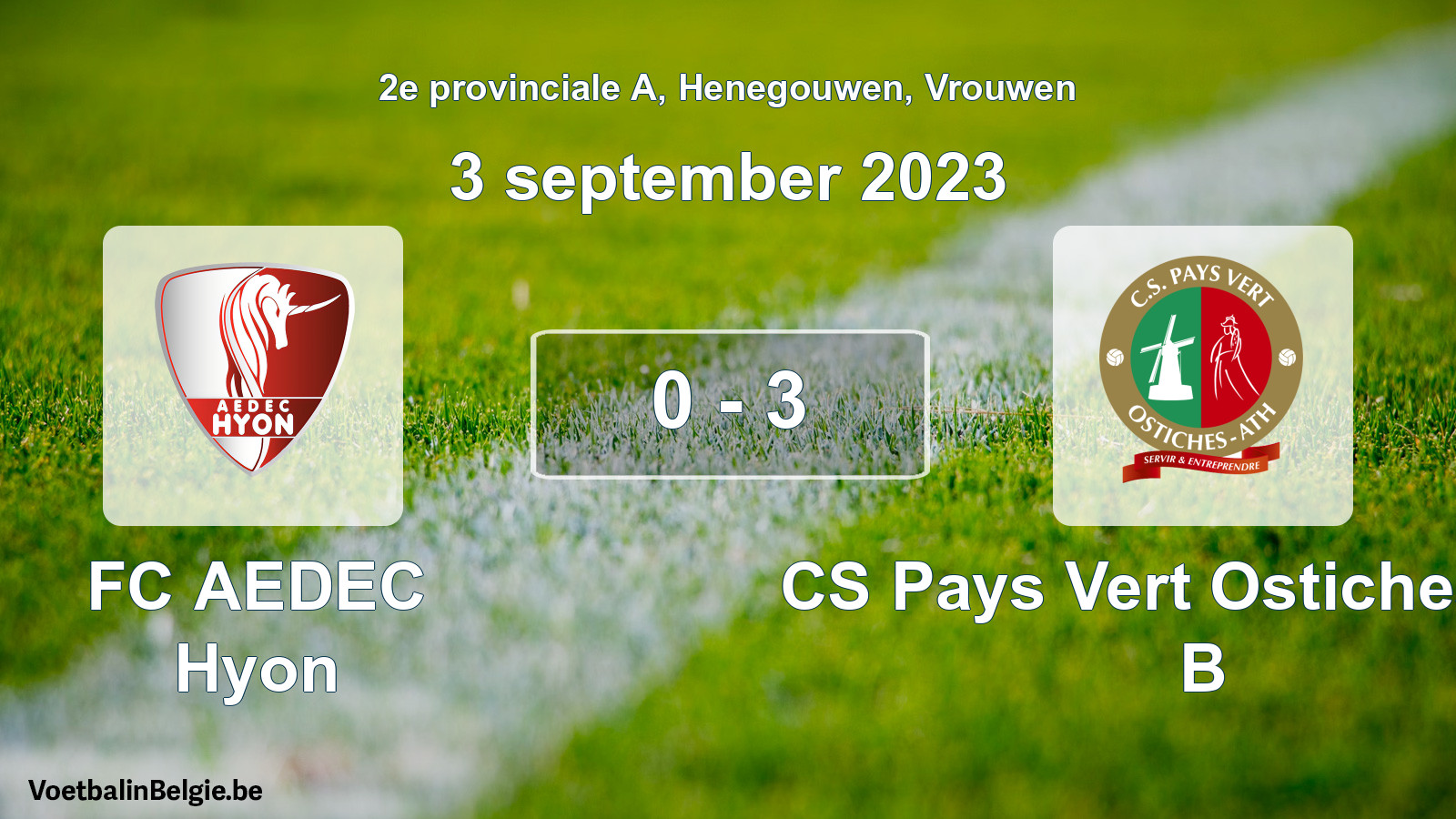 Gespeelde wedstrijd vrouwenvoetbal: FC AEDEC Hyon - CS Pays Vert Ostiches-Ath B 0 - 3 (3 september 2023)