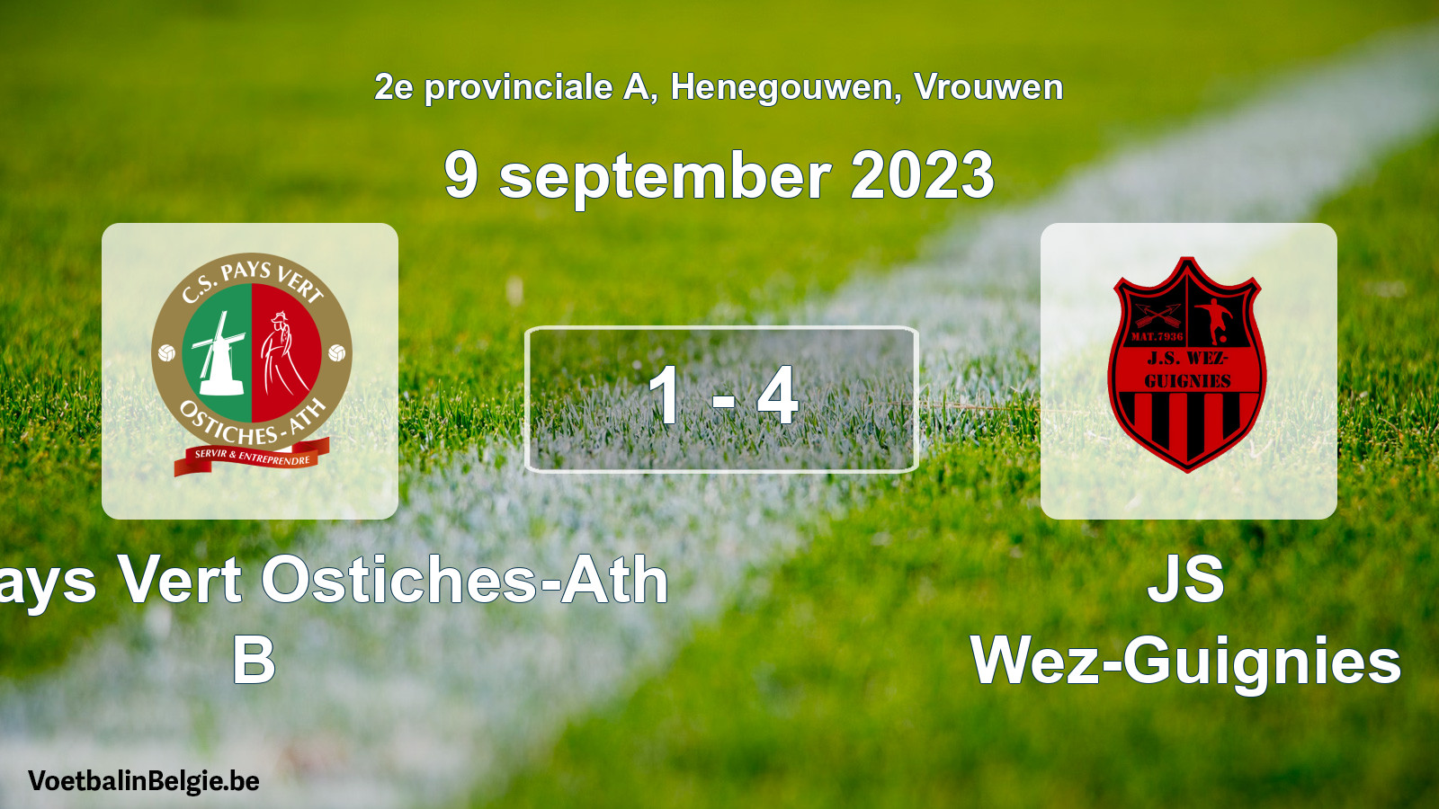 Gespeelde wedstrijd vrouwenvoetbal: CS Pays Vert Ostiches-Ath B - JS Wez-Guignies 1 - 4 (9 september 2023)