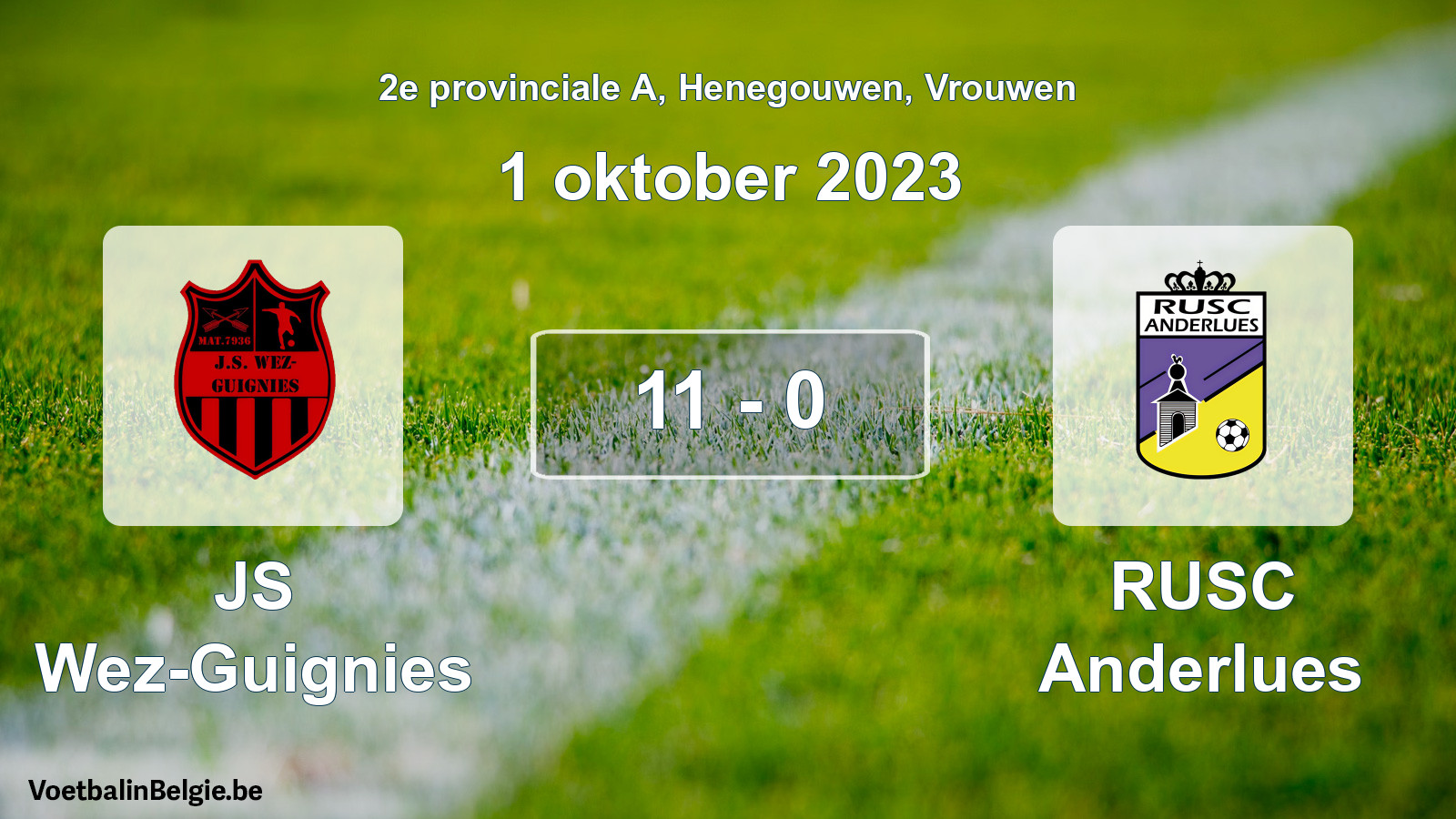 Gespeelde wedstrijd vrouwenvoetbal: JS Wez-Guignies - RUSC Anderlues 11 - 0 (1 oktober 2023)