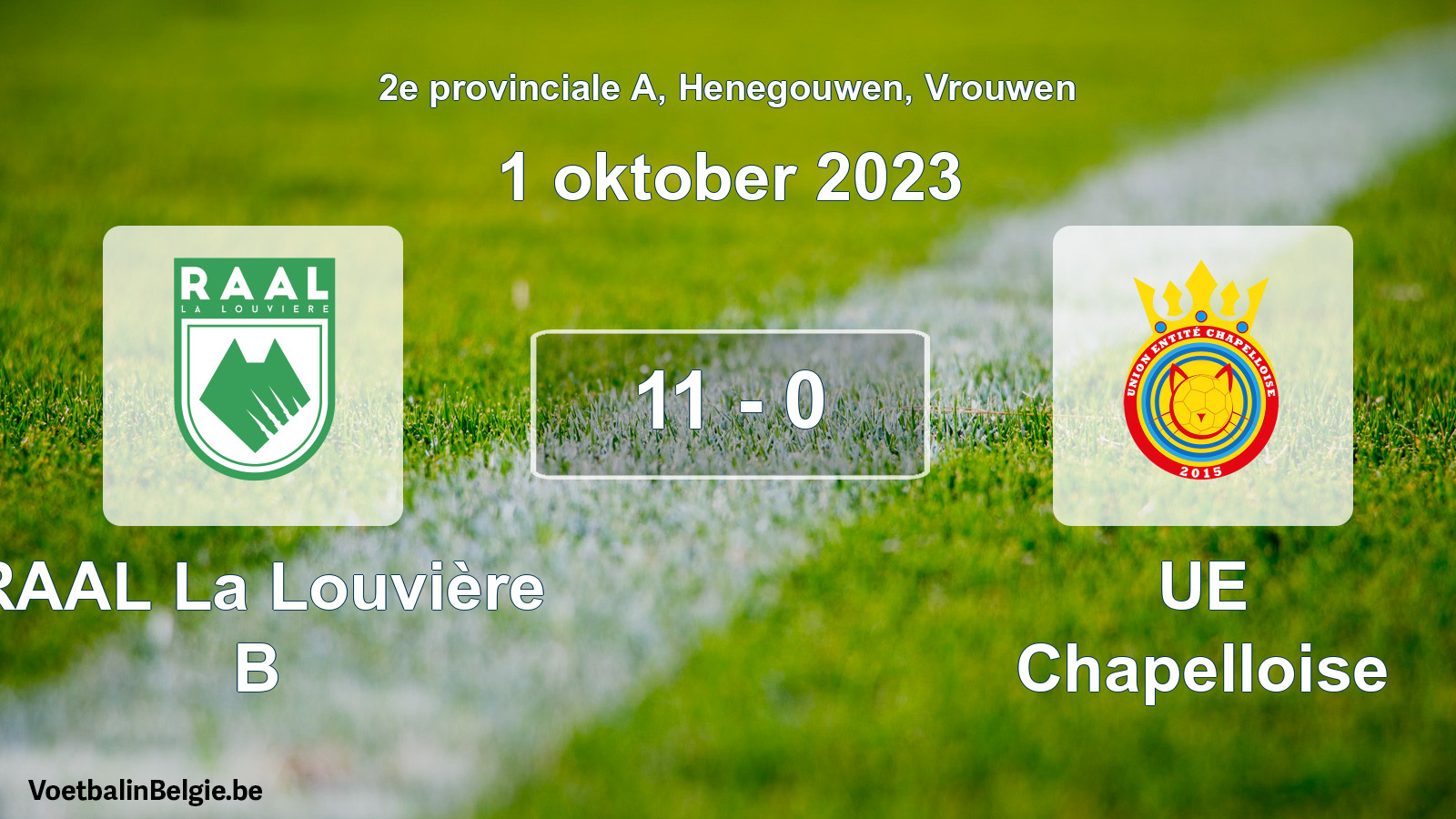 Gespeelde wedstrijd vrouwenvoetbal: RAAL La Louvière B - UE Chapelloise 11 - 0 (1 oktober 2023)