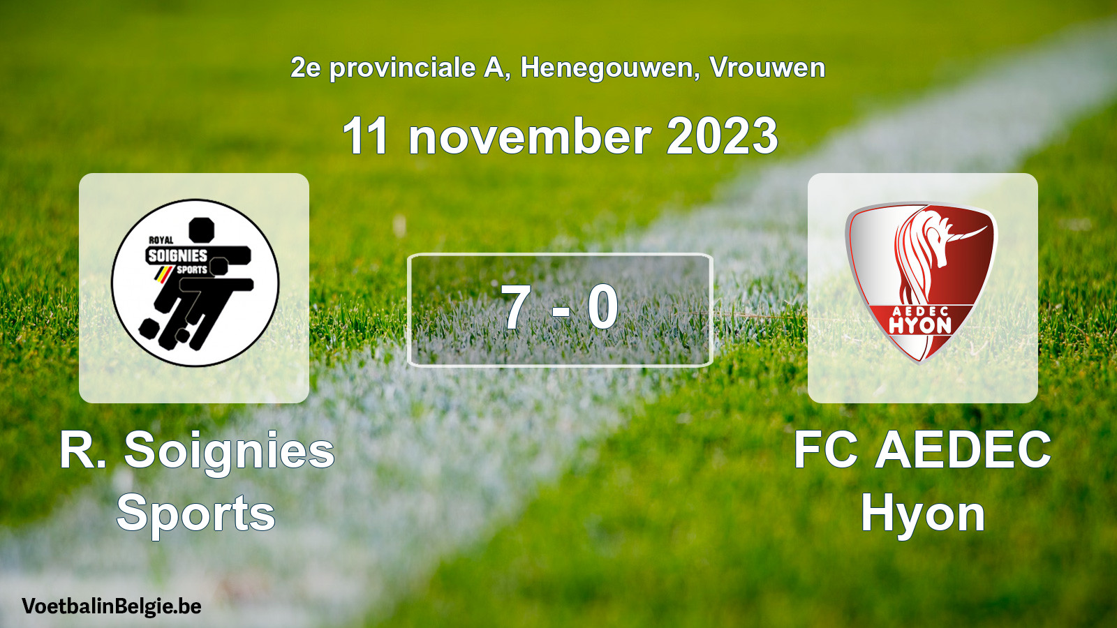 Gespeelde wedstrijd vrouwenvoetbal: R. Soignies Sports - FC AEDEC Hyon 7 - 0 (11 november 2023)