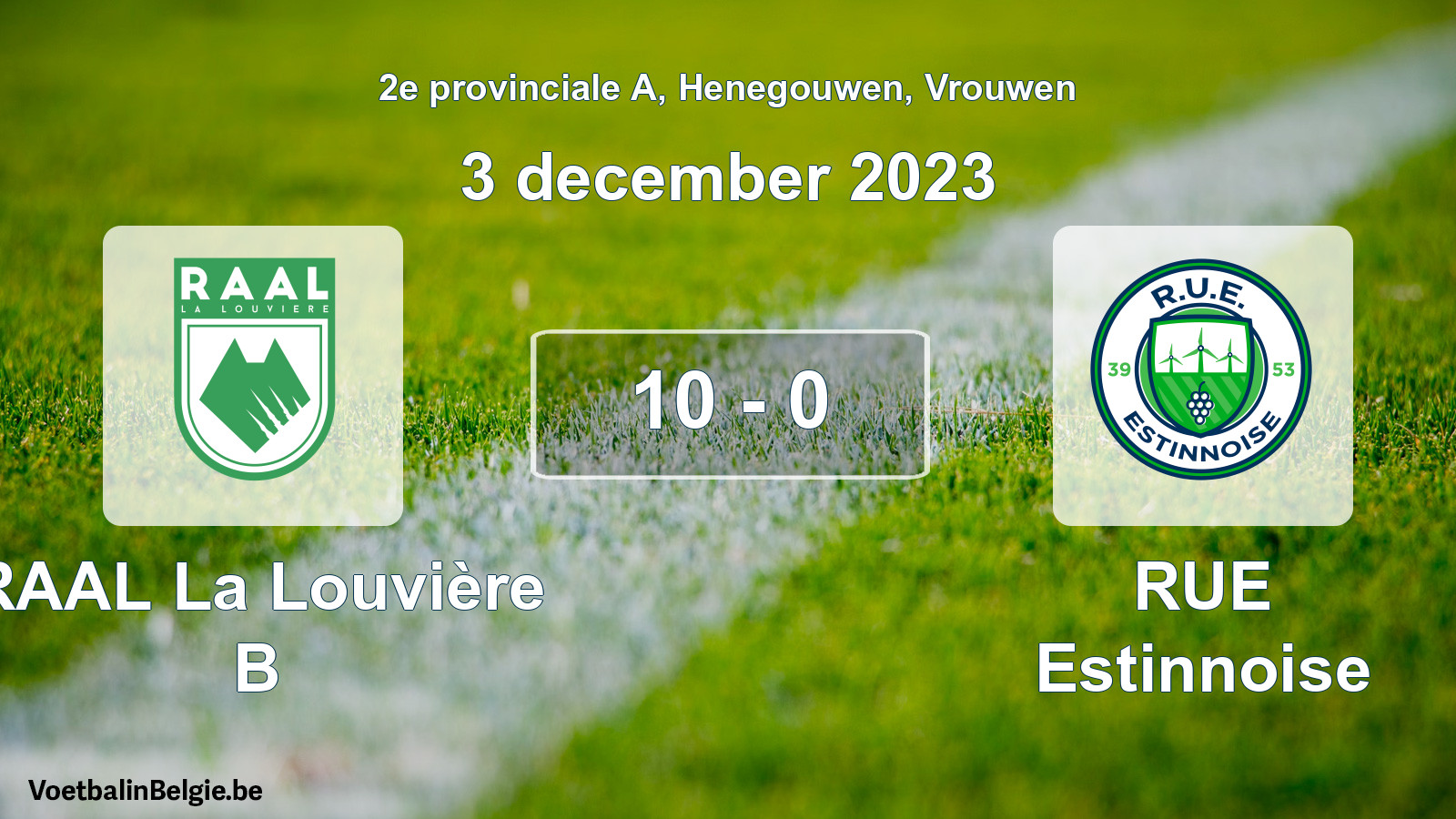 Gespeelde wedstrijd vrouwenvoetbal: RAAL La Louvière B - RUE Estinnoise 10 - 0 (3 december 2023)