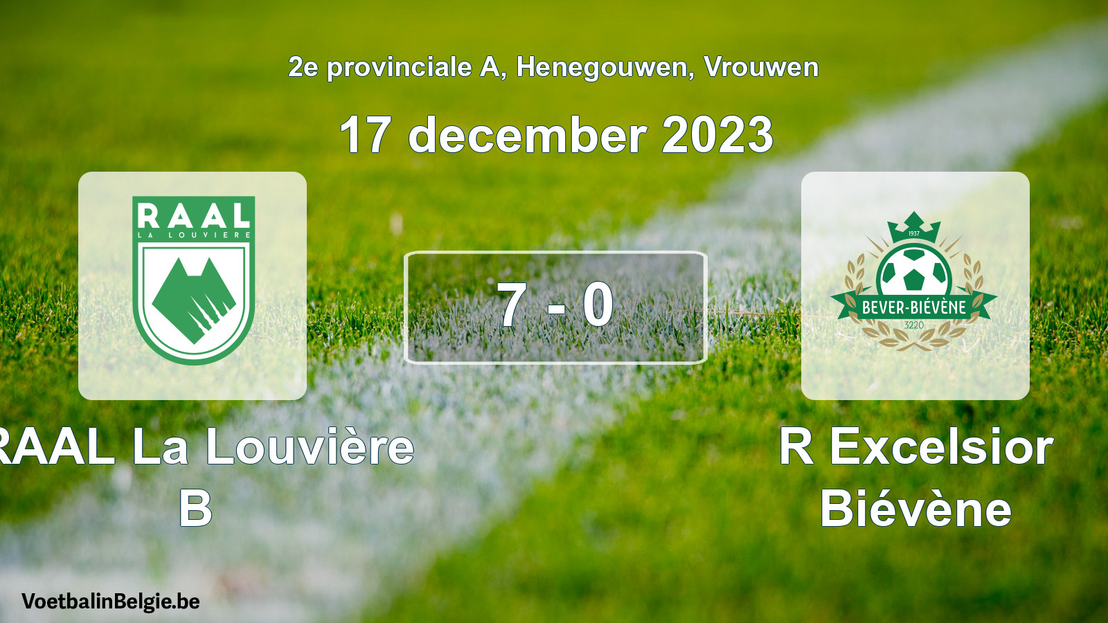 Gespeelde wedstrijd vrouwenvoetbal: RAAL La Louvière B - R Excelsior Biévène 7 - 0 (17 december 2023)