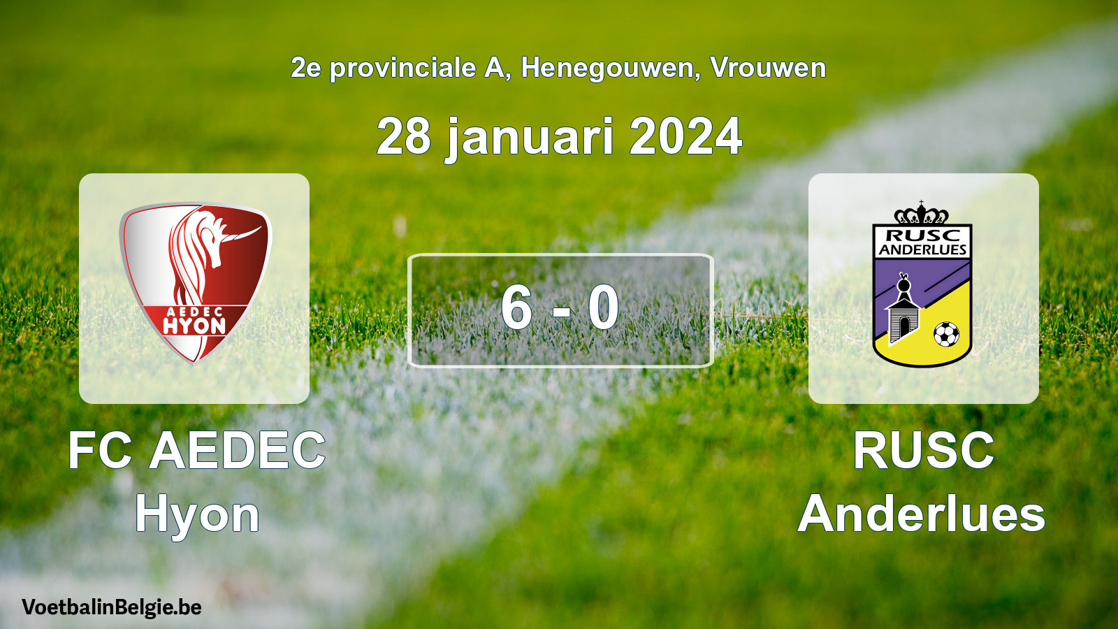 Gespeelde wedstrijd vrouwenvoetbal: FC AEDEC Hyon - RUSC Anderlues 6 - 0 (28 januari 2024)
