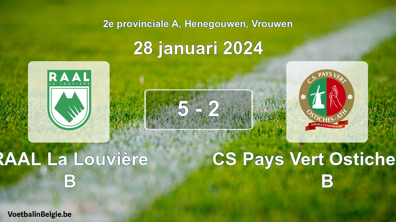 Gespeelde wedstrijd vrouwenvoetbal: RAAL La Louvière B - CS Pays Vert Ostiches-Ath B 5 - 2 (28 januari 2024)