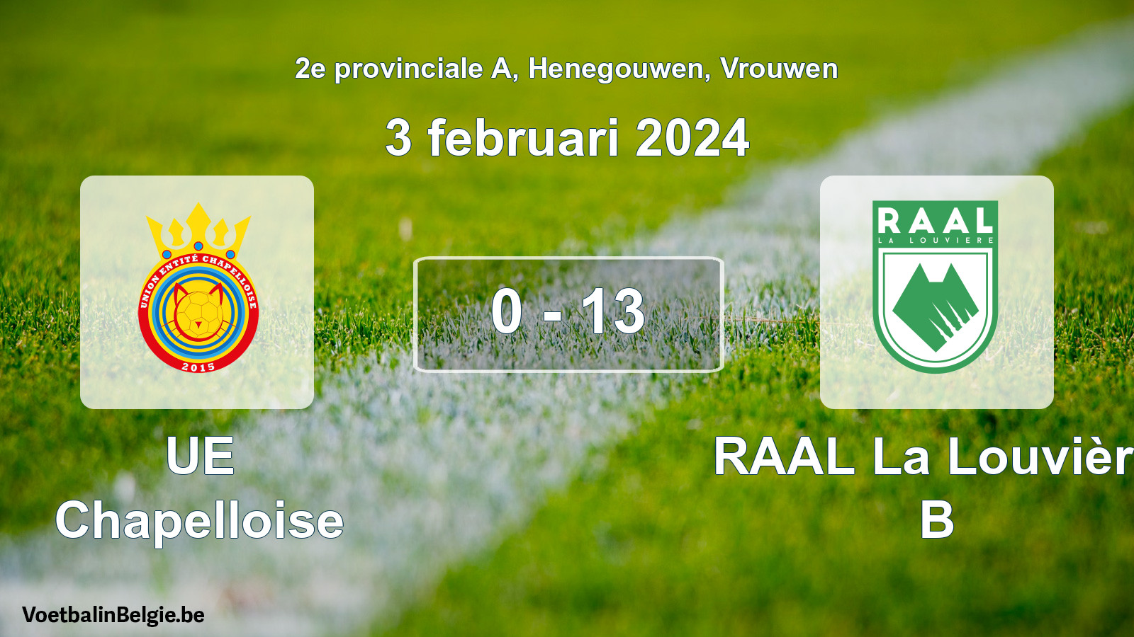 Gespeelde wedstrijd vrouwenvoetbal: UE Chapelloise - RAAL La Louvière B 0 - 13 (3 februari 2024)