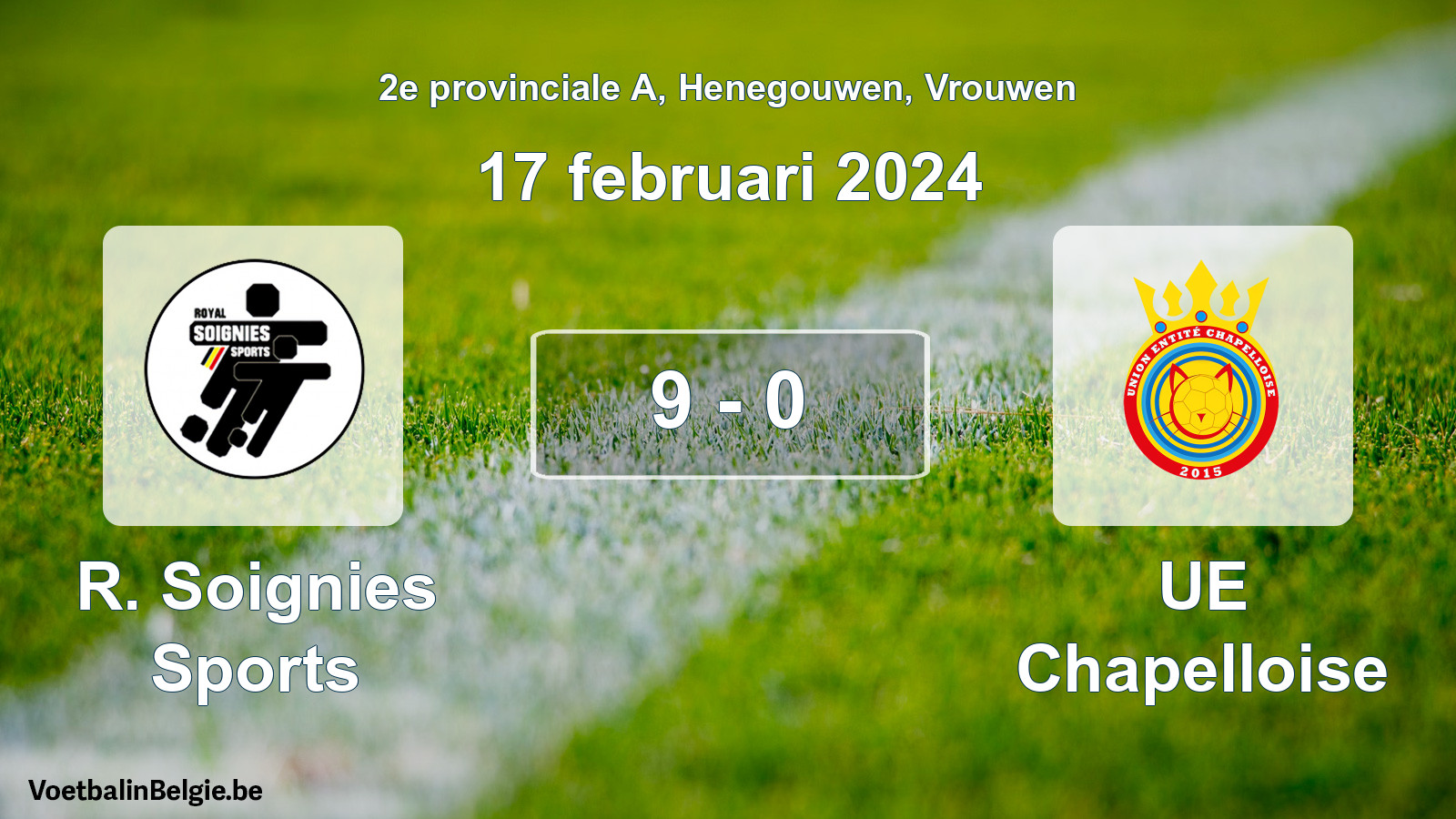 Gespeelde wedstrijd vrouwenvoetbal: R. Soignies Sports - UE Chapelloise 9 - 0 (17 februari 2024)