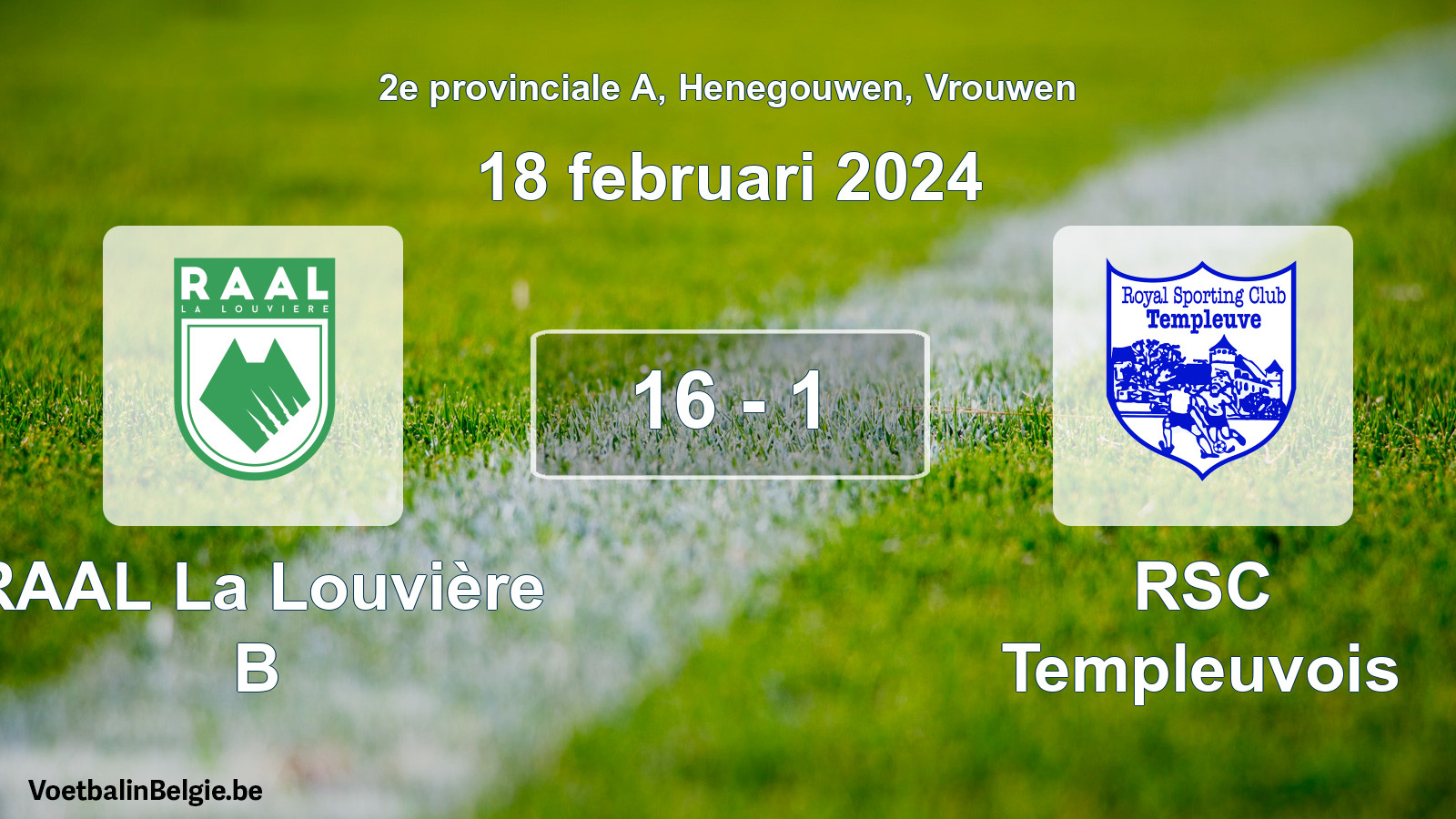 Gespeelde wedstrijd vrouwenvoetbal: RAAL La Louvière B - RSC Templeuvois 16 - 1 (18 februari 2024)