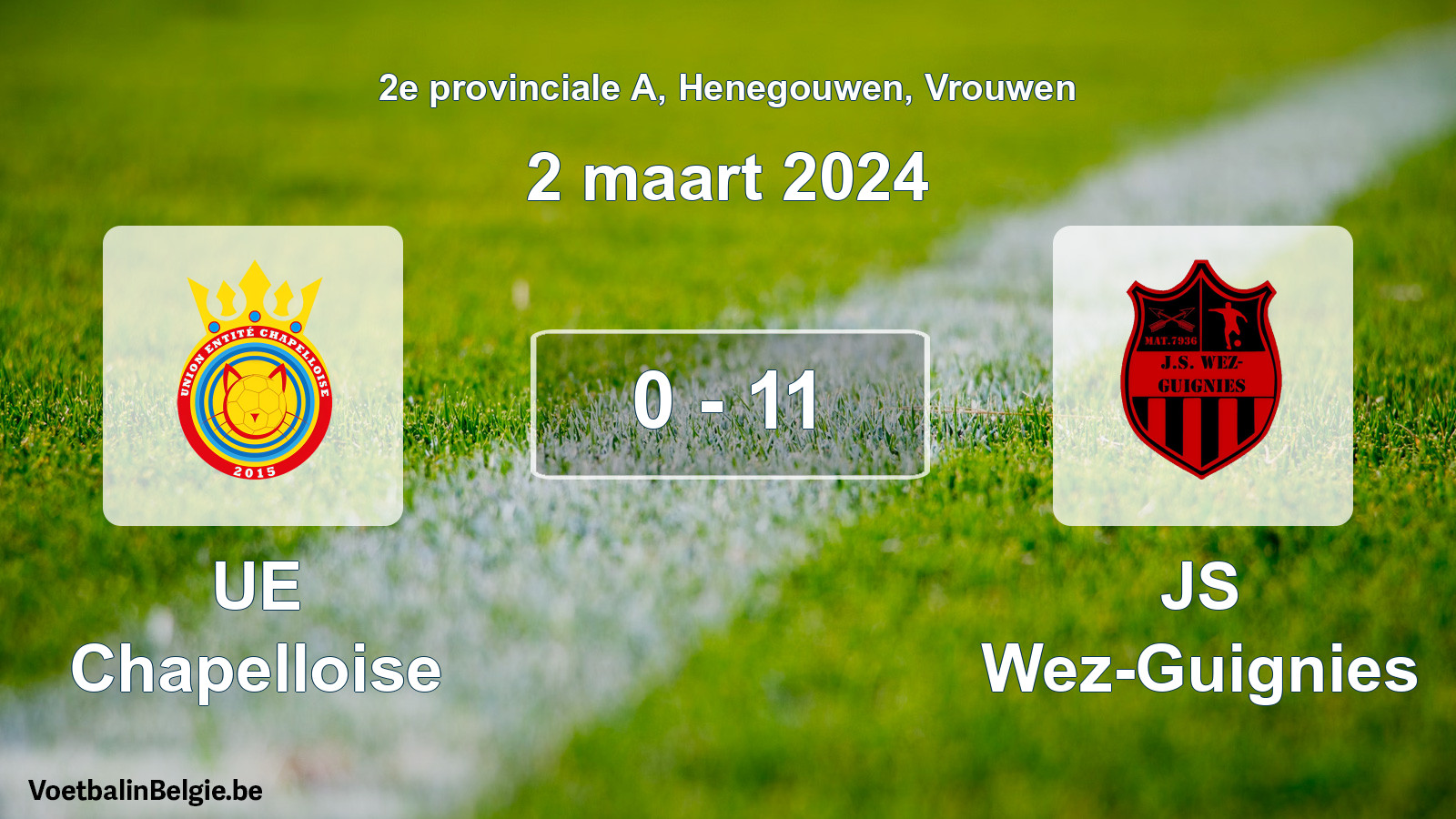 Gespeelde wedstrijd vrouwenvoetbal: UE Chapelloise - JS Wez-Guignies 0 - 11 (2 maart 2024)
