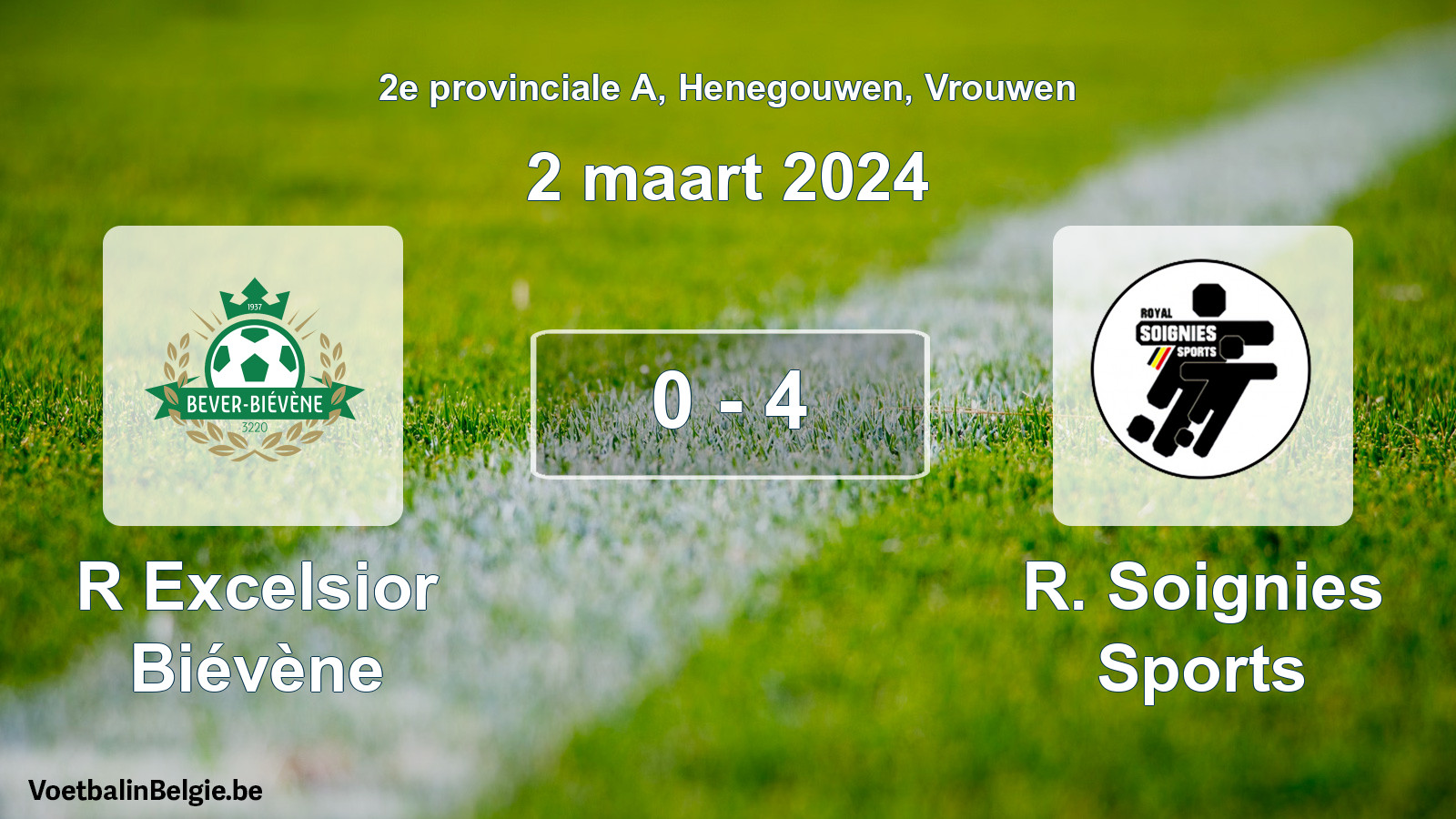 Gespeelde wedstrijd vrouwenvoetbal: R Excelsior Biévène - R. Soignies Sports 0 - 4 (2 maart 2024)