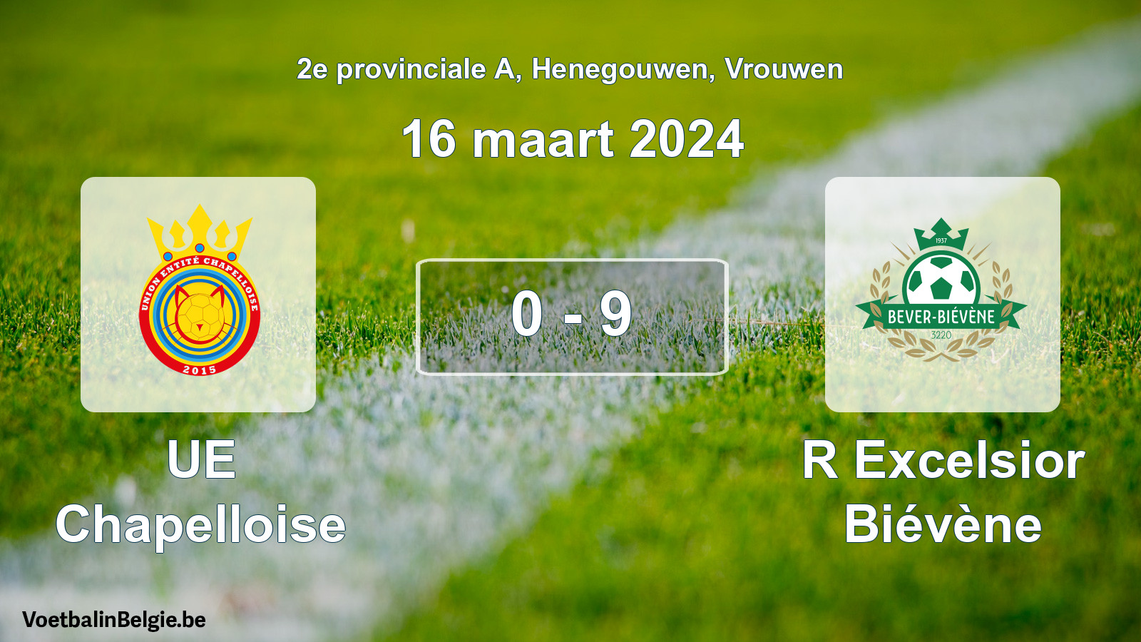 Gespeelde wedstrijd vrouwenvoetbal: UE Chapelloise - R Excelsior Biévène 0 - 9 (16 maart 2024)