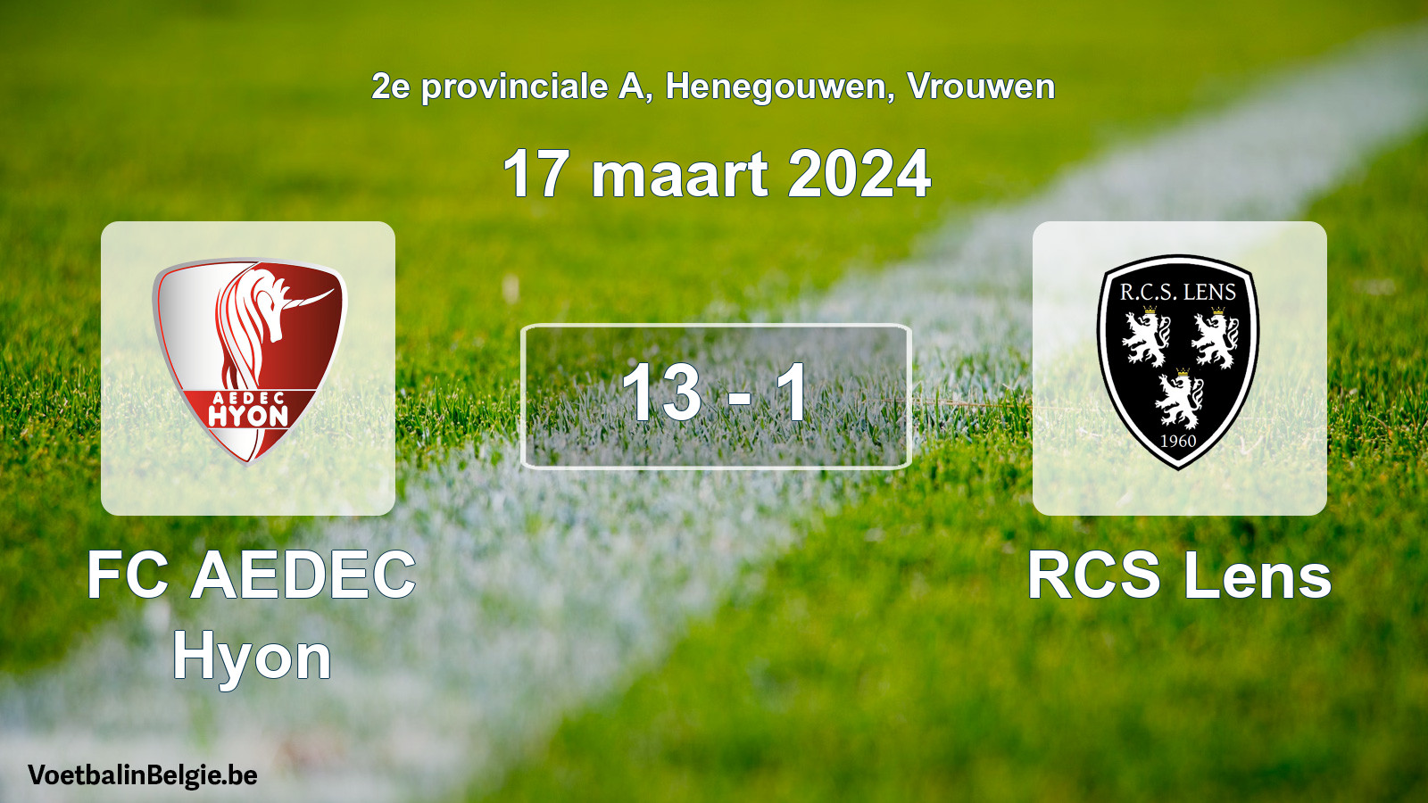 Gespeelde wedstrijd vrouwenvoetbal: FC AEDEC Hyon - RCS Lens 13 - 1 (17 maart 2024)