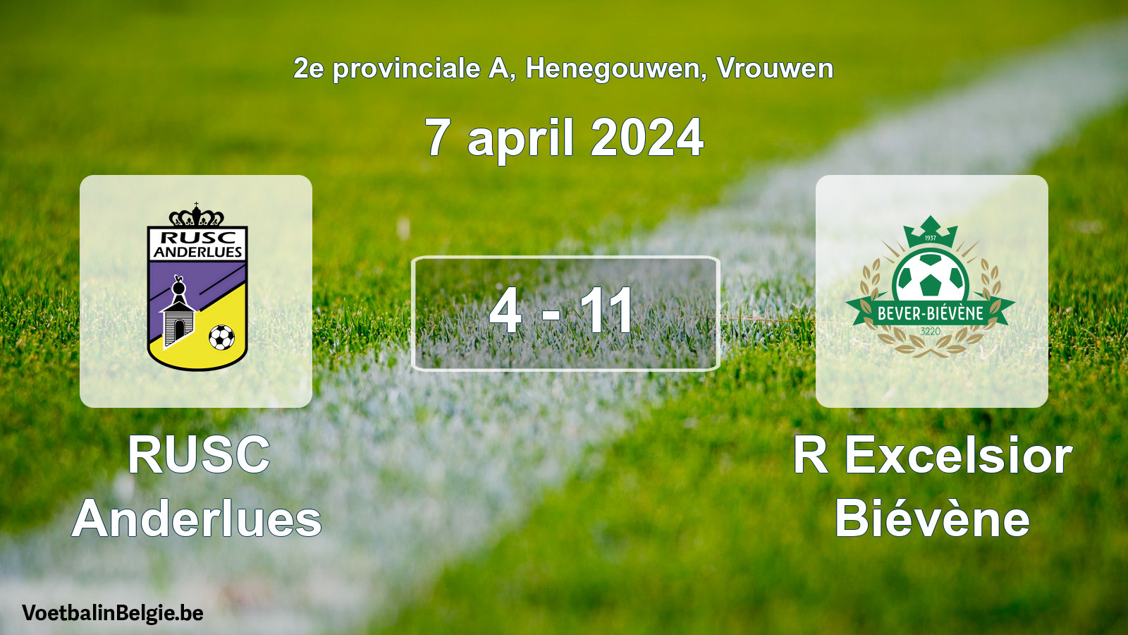 Gespeelde wedstrijd vrouwenvoetbal: RUSC Anderlues - R Excelsior Biévène 4 - 11 (7 april 2024)