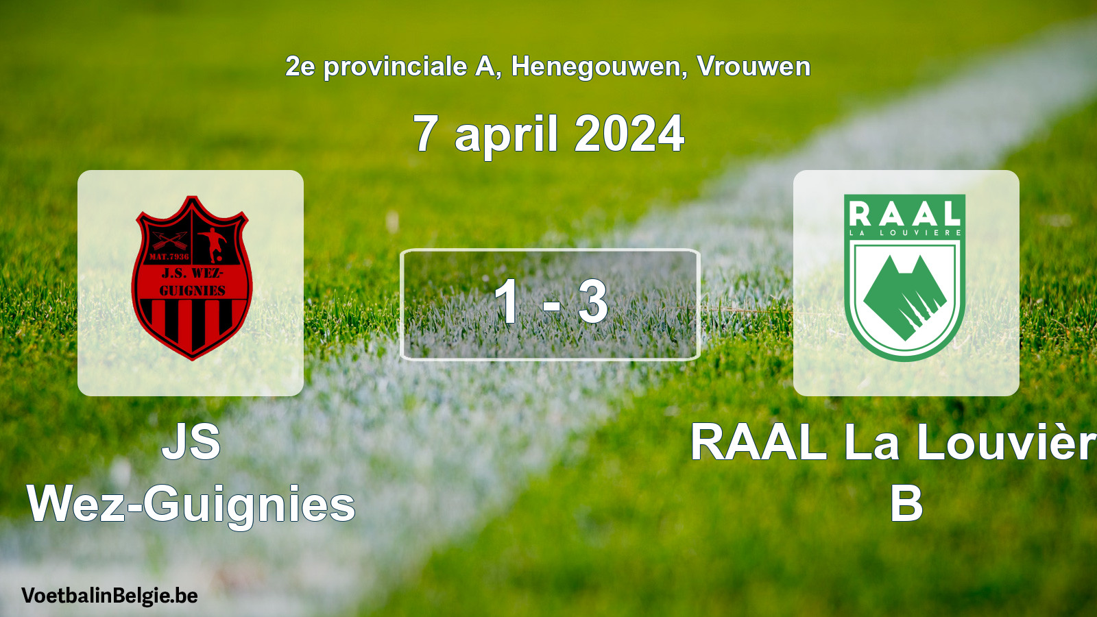 Gespeelde wedstrijd vrouwenvoetbal: JS Wez-Guignies - RAAL La Louvière B 1 - 3 (7 april 2024)