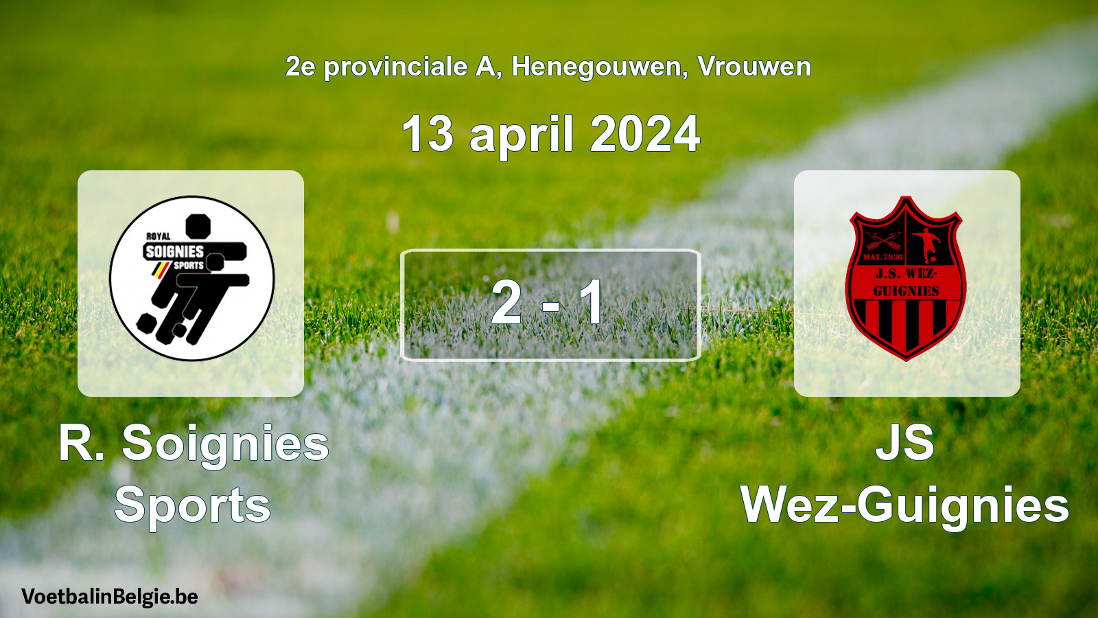 Gespeelde wedstrijd vrouwenvoetbal: R. Soignies Sports - JS Wez-Guignies 2 - 1 (13 april 2024)