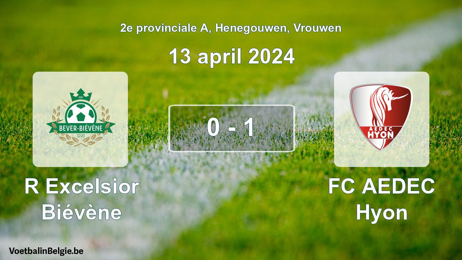 Gespeelde wedstrijd vrouwenvoetbal: R Excelsior Biévène - FC AEDEC Hyon 0 - 1 (13 april 2024)
