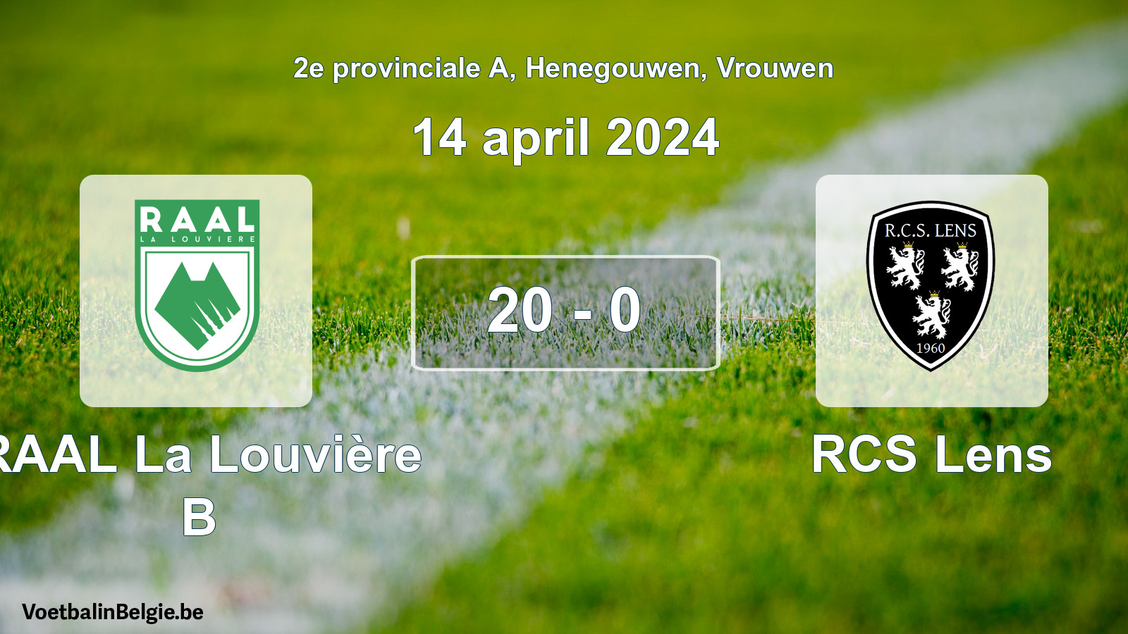 Gespeelde wedstrijd vrouwenvoetbal: RAAL La Louvière B - RCS Lens 20 - 0 (14 april 2024)
