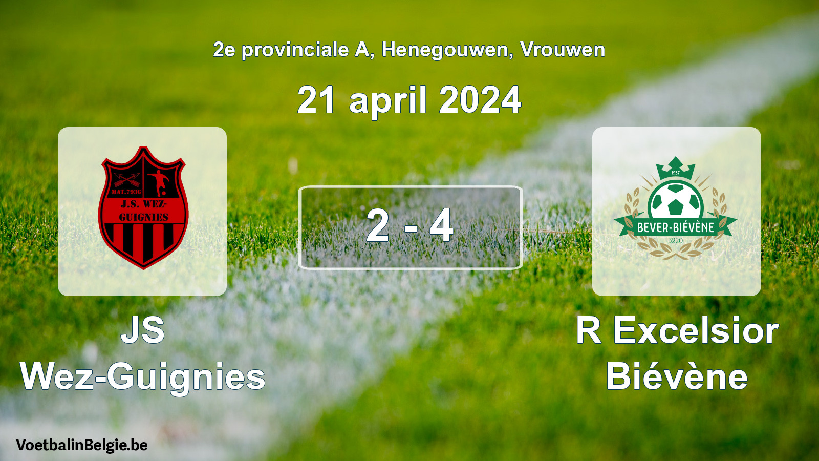 Gespeelde wedstrijd vrouwenvoetbal: JS Wez-Guignies - R Excelsior Biévène 2 - 4 (21 april 2024)