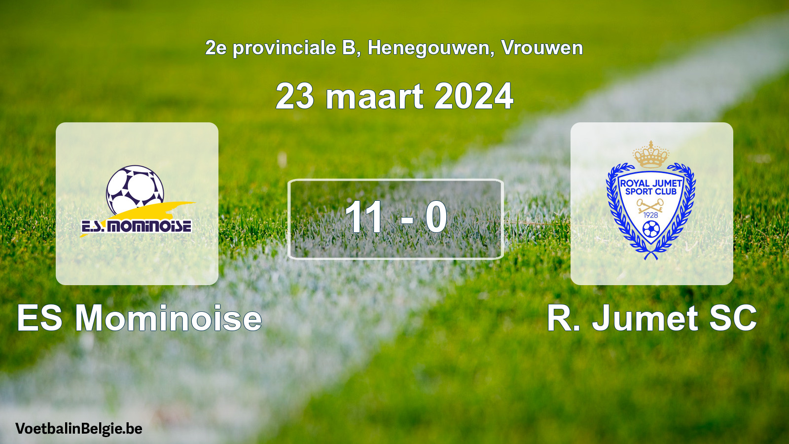 Gespeelde wedstrijd vrouwenvoetbal: ES Mominoise - R. Jumet SC 11 - 0 (23 maart 2024)