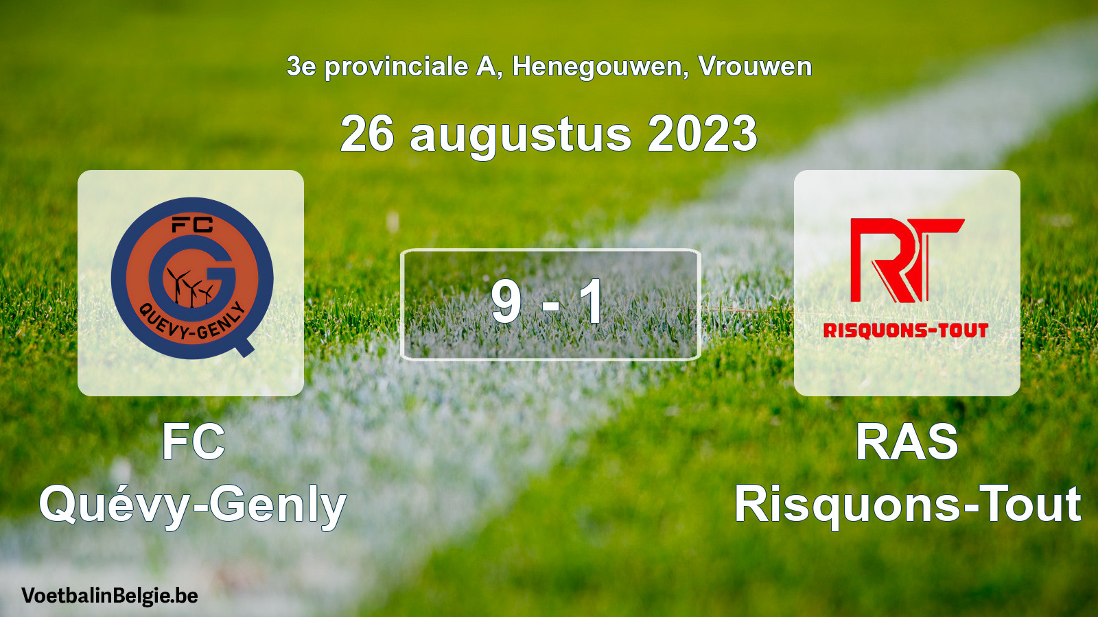 Gespeelde wedstrijd vrouwenvoetbal: FC Quévy-Genly - RAS Risquons-Tout 9 - 1 (26 augustus 2023)