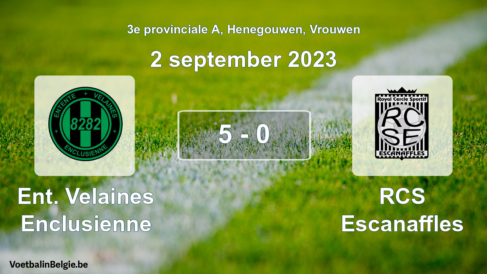 Gespeelde wedstrijd vrouwenvoetbal: Ent. Velaines Enclusienne - RCS Escanaffles 5 - 0 (2 september 2023)