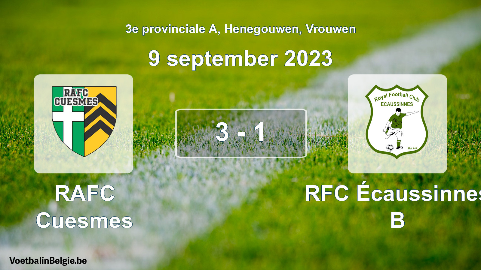 Gespeelde wedstrijd vrouwenvoetbal: RAFC Cuesmes - RFC Écaussinnes B 3 - 1 (9 september 2023)