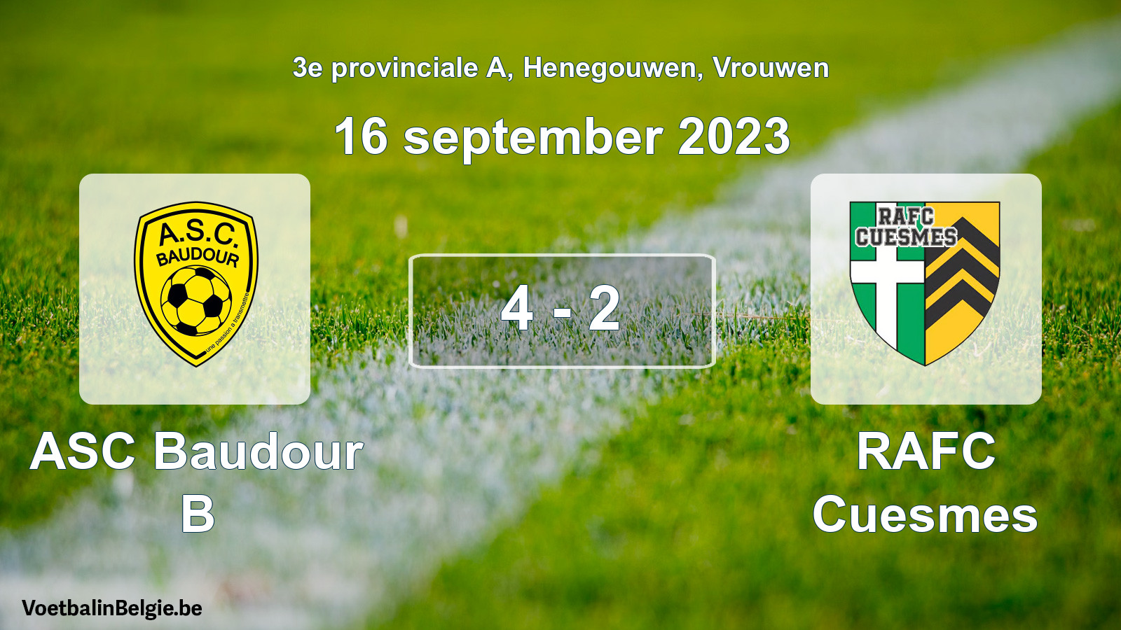 Gespeelde wedstrijd vrouwenvoetbal: ASC Baudour B - RAFC Cuesmes 4 - 2 (16 september 2023)